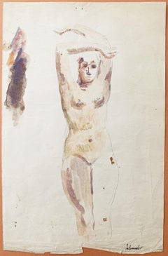 Raphael Delorme, Study, female nude watercolor and pencil on paper