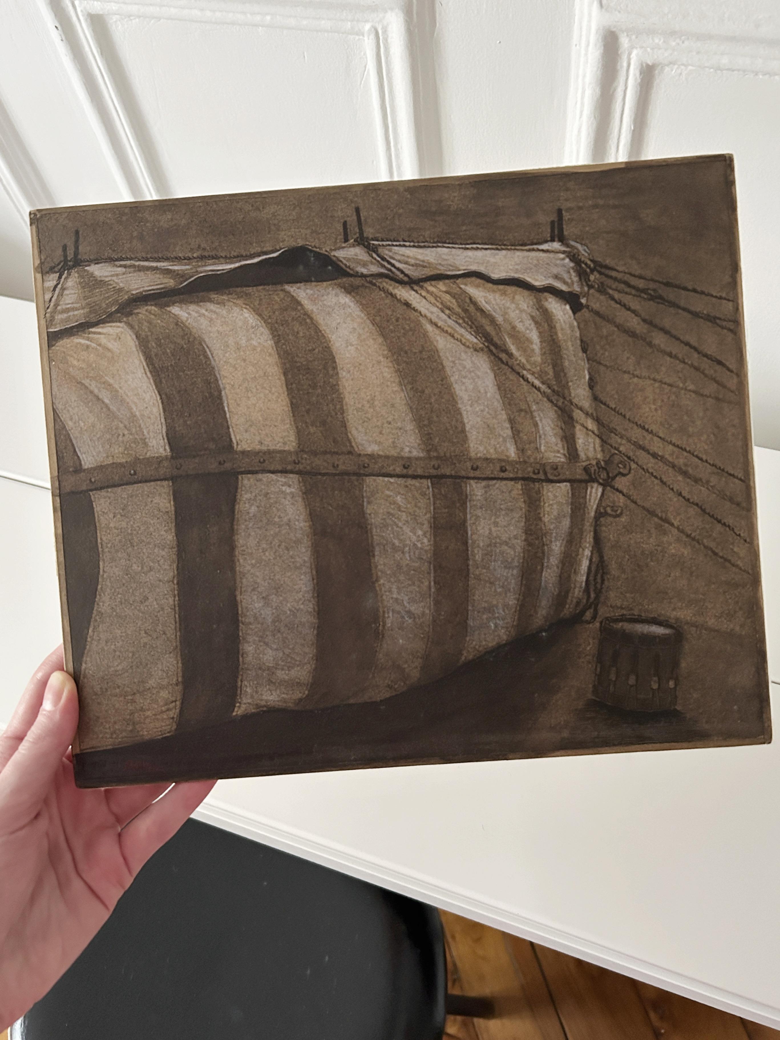 A. Michel (1938-2010)
ha detto VALENTIN
Valie, tenda da sogno, 1966
Pietra nera e gouache bianca, inchiostro nero su cartone
Firmato in basso a sinistra
Poesia intitolata 
