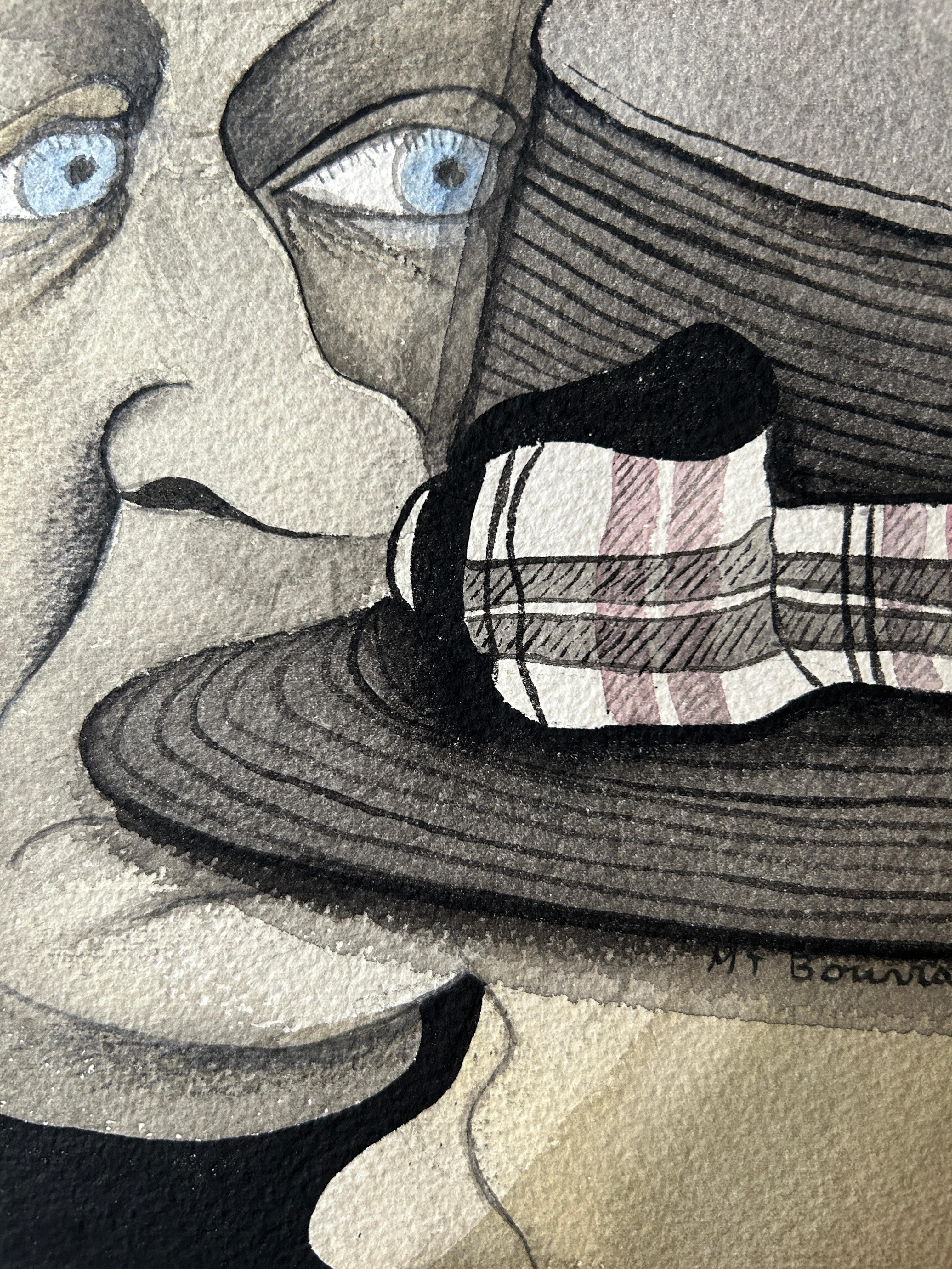 Marie-Thérèse BOURRAT (née en 1938), The Hat, 1970, watercolor - Gray Figurative Art by Marie-Thérèse Bourrat