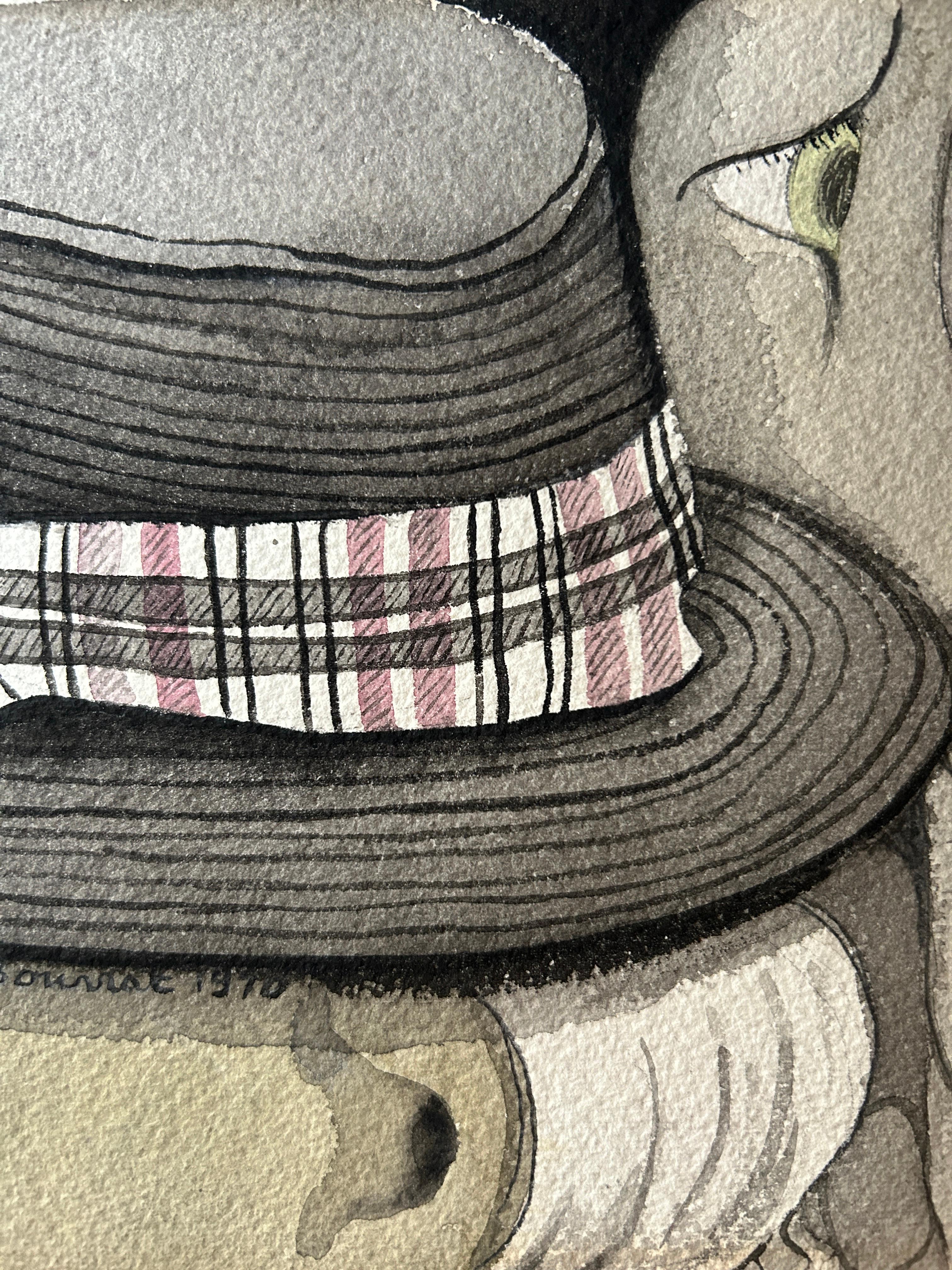Marie-Thérèse BOURRAT (née en 1938)
The Hat, 1970
Pencil, black ink and watercolor on paper
Signed and dated “1970” lower center
17 x 25 cm
frame : 30 x 40 cm

Self-taught, Marie-Thérèse Bourrat exhibited for the first time at the age of seventeen.