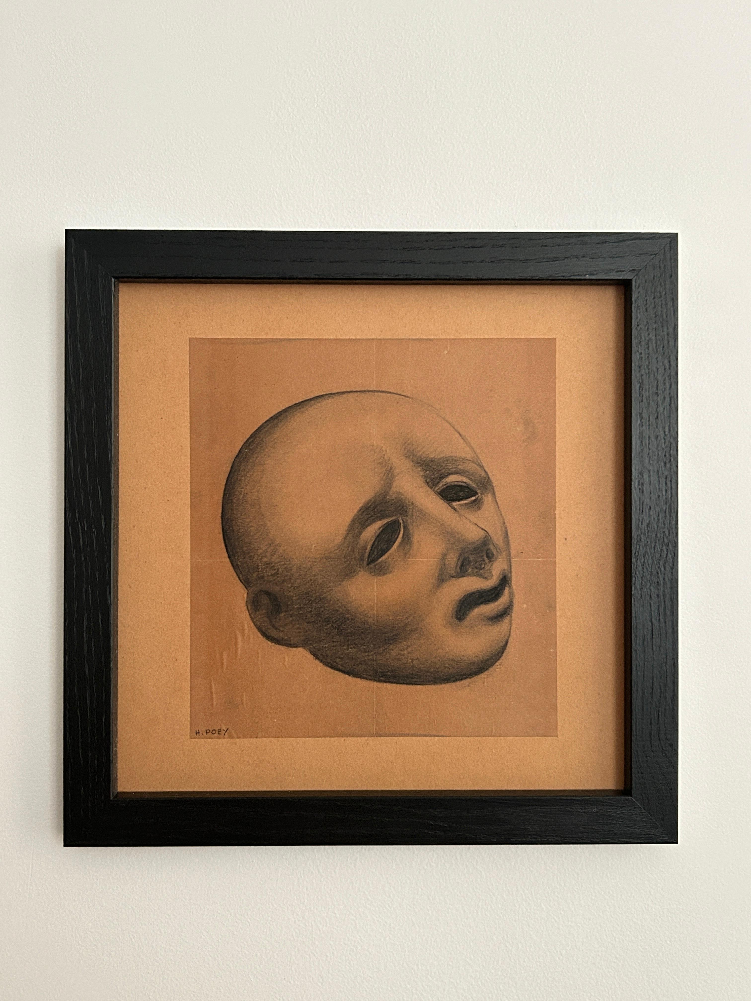 Henri Poey, Mask circa 1930, charcoal on paper, mounted on cardboard For Sale 1