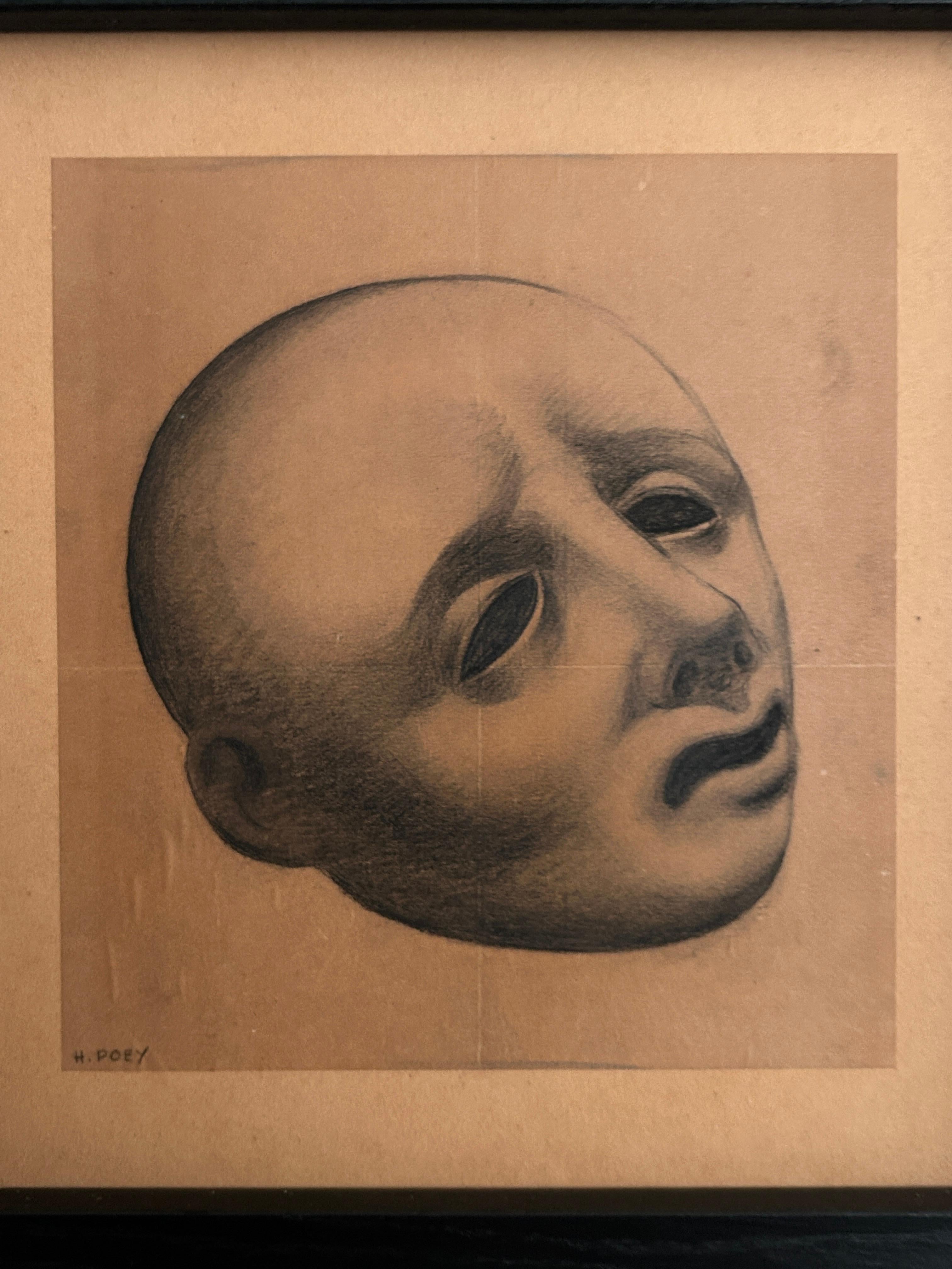 Henri Poey, Mask circa 1930, charcoal on paper, mounted on cardboard For Sale 3