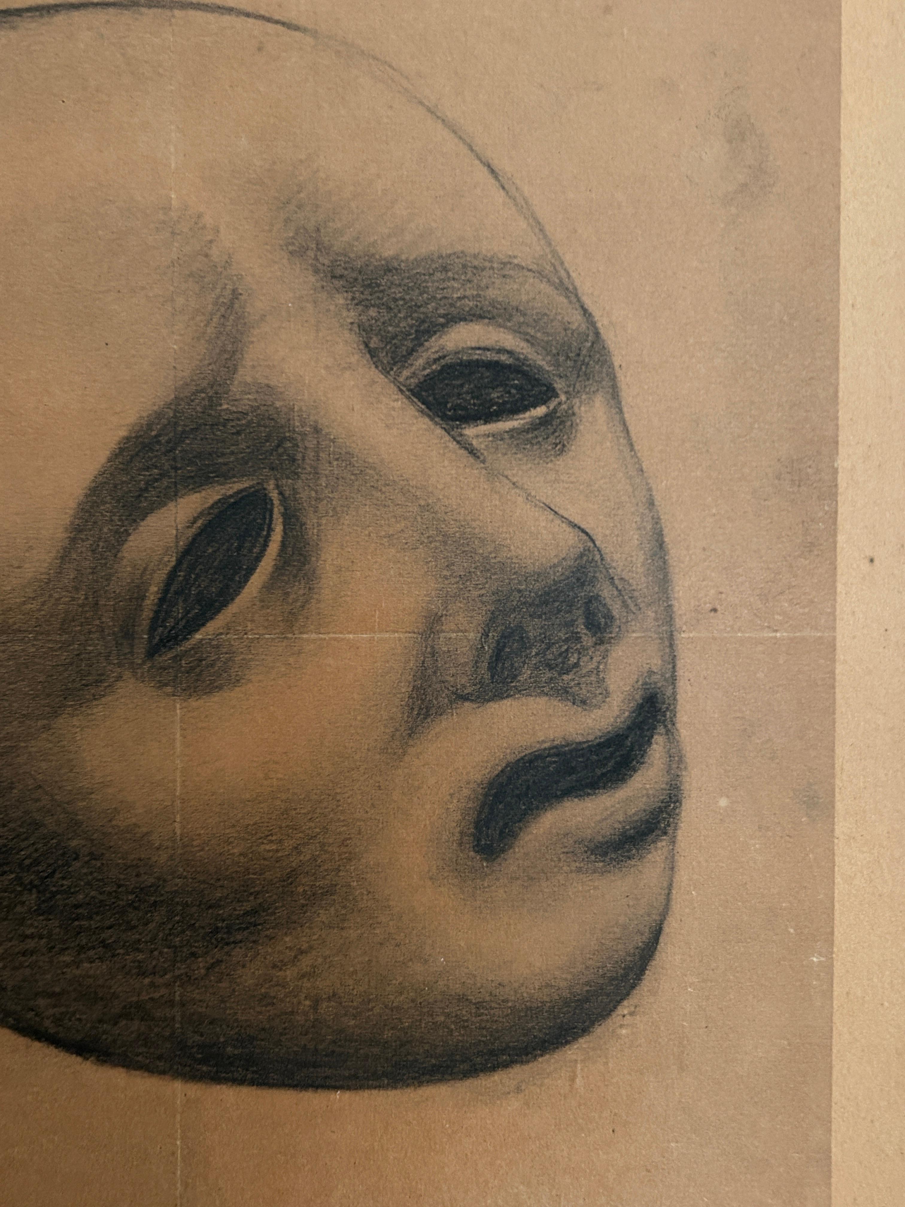 Henri Poey, Mask circa 1930, charcoal on paper, mounted on cardboard For Sale 5