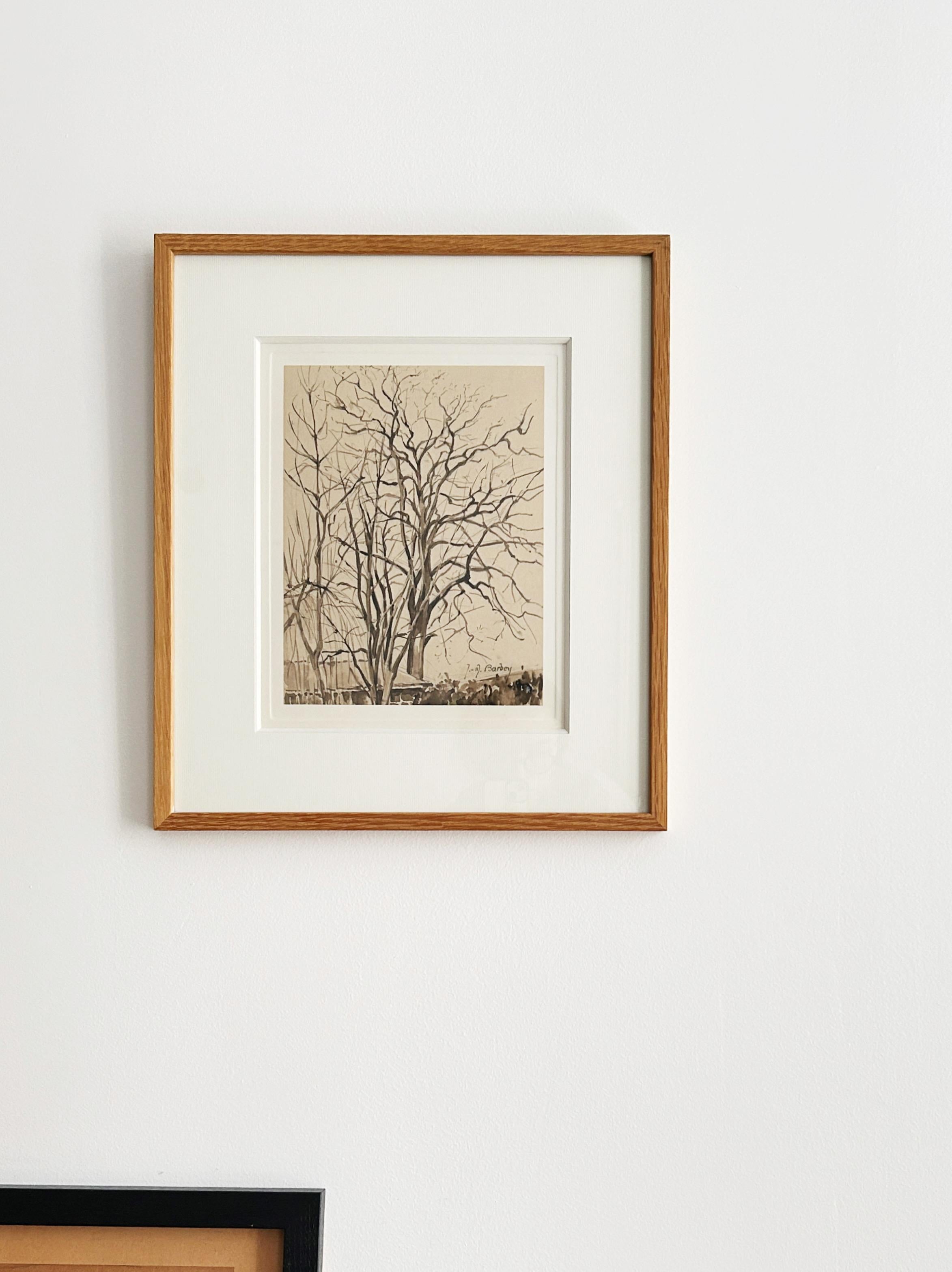 Jeanne-marie Barbey (1876-1960), Alberi in inverno, lavaggio a inchiostro marrone - Art di Jeanne-Marie Barbey