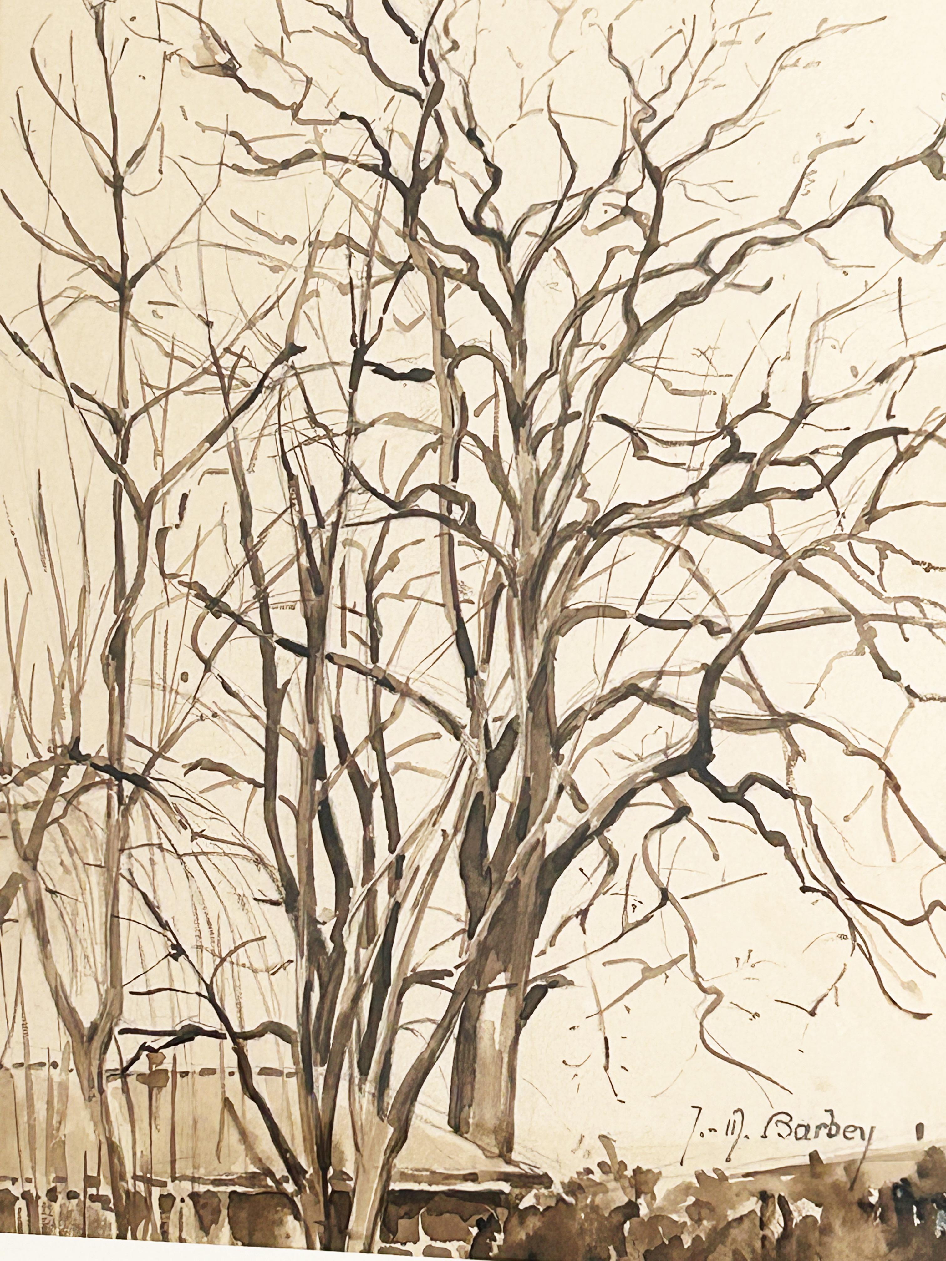 Jeanne-marie Barbey (1876-1960), Alberi in inverno, lavaggio a inchiostro marrone - Landscape Art Beige di Jeanne-Marie Barbey
