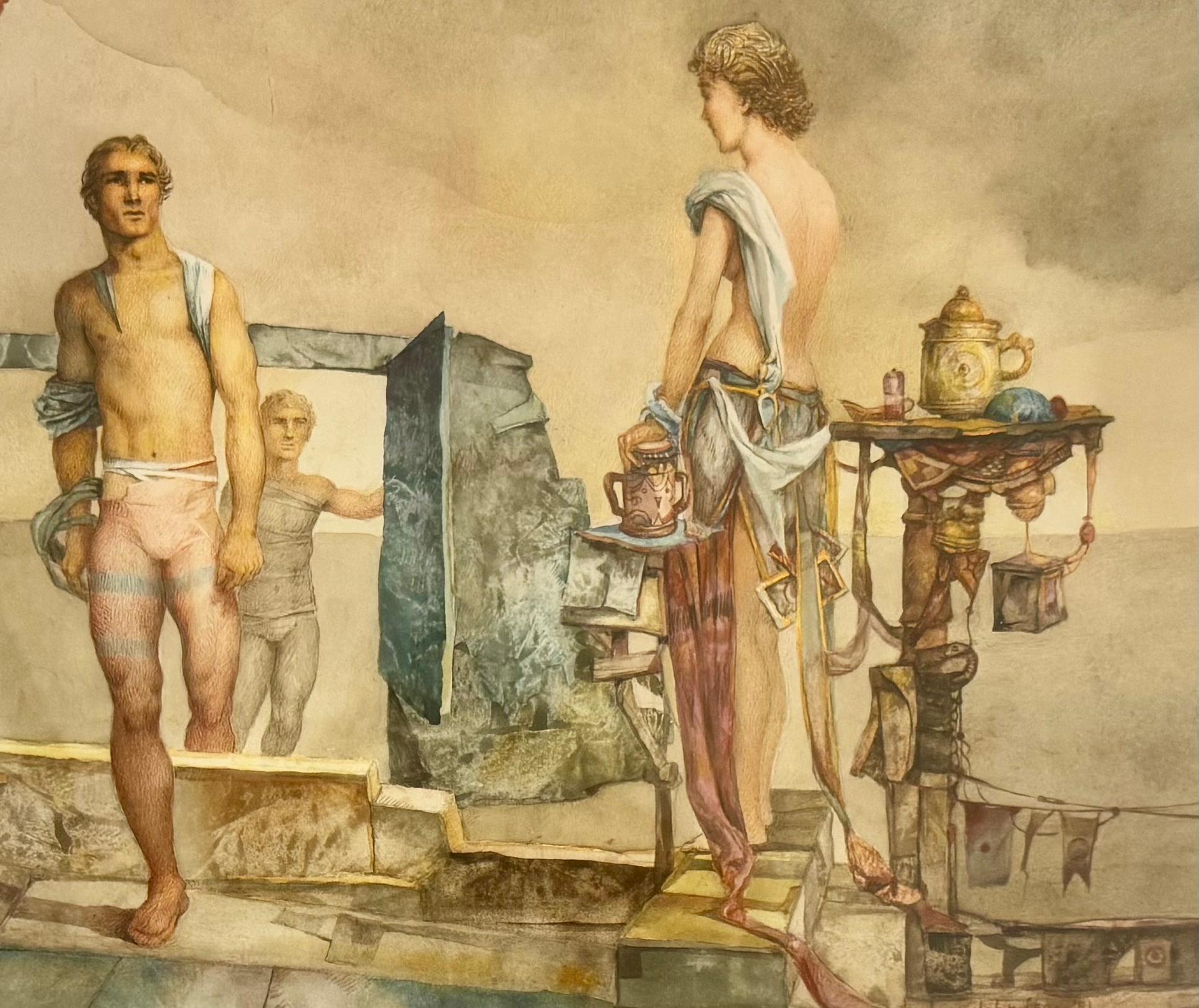 Un meraviglioso acquerello surrealista dell'acclamato artista di Philadelphia Pennsylvania John Lear. Quest'opera è stata creata nel 1981, all'apice della sua creatività artistica. L'opera raffigura due uomini seminudi che vengono osservati da una