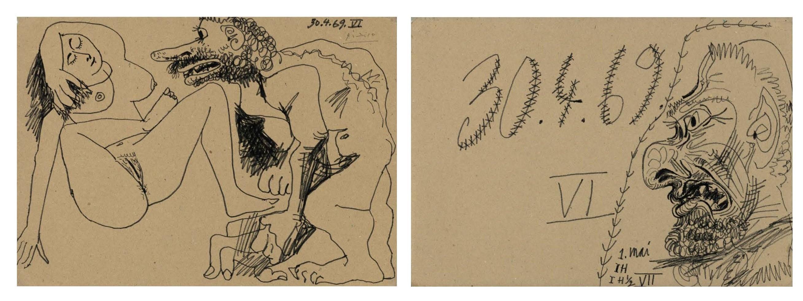 Figurative Art Pablo Picasso - Homme et femme nus/Tete de Homme, 1969 (deux côtés)