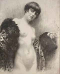 Old charcoal drawing on paper " nude lady with cigarette " Italian school 2Oth