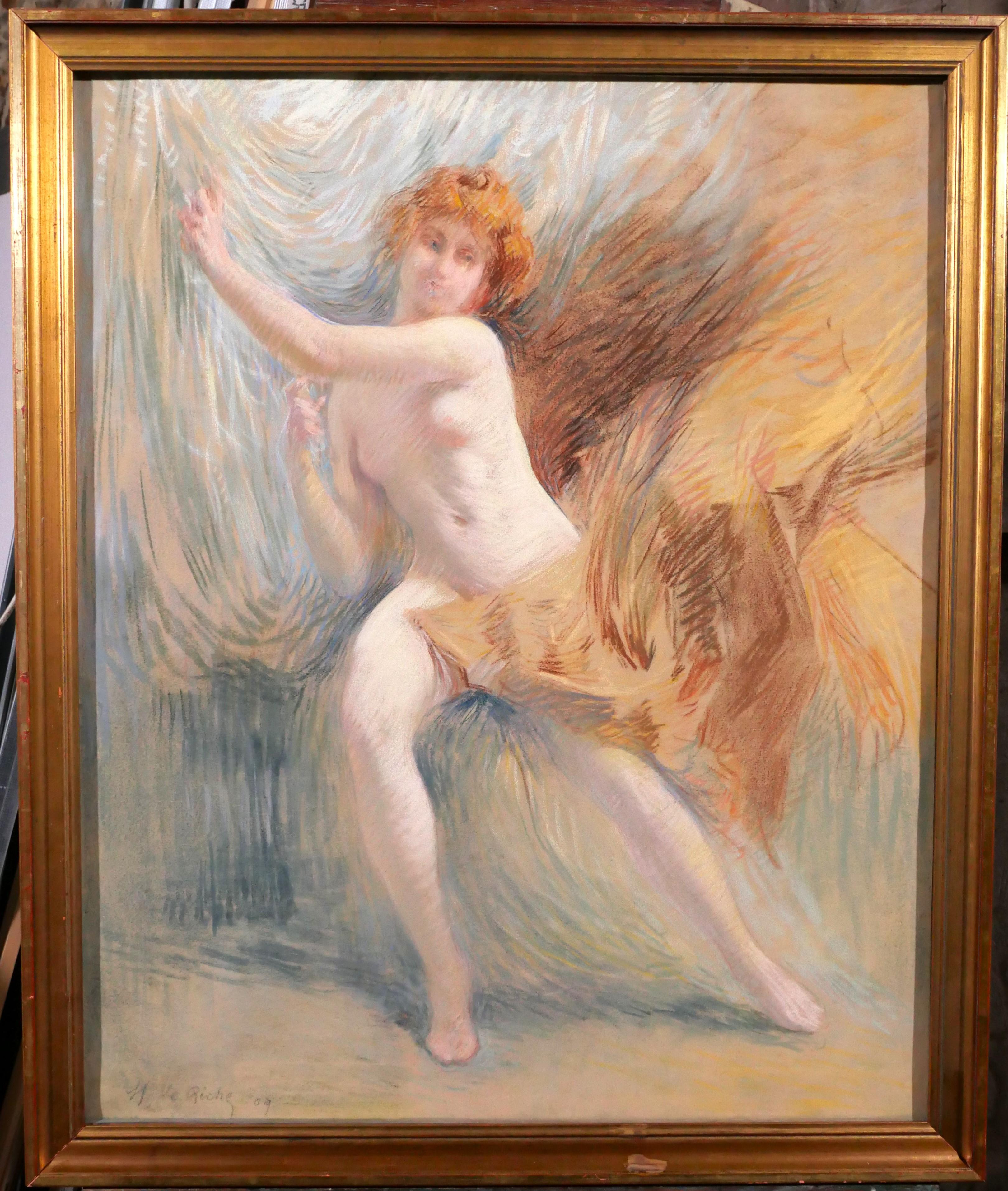 Henri Le Riche Nude woman, pastel, Tiffany, drawing, painting, impressionist For Sale 1