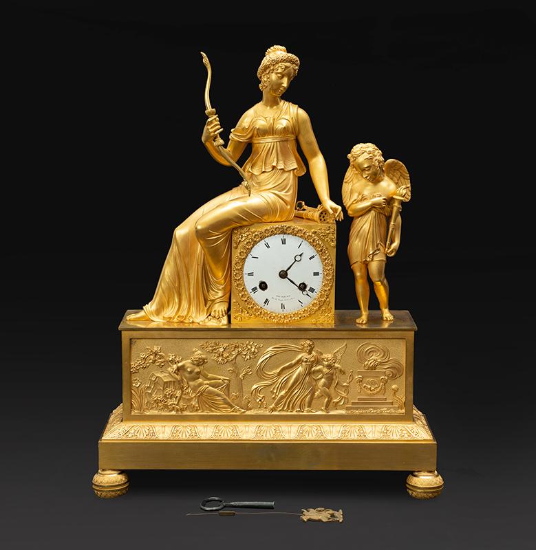 Finely chiseled gilt bronze French Empire antique clock. 19sec