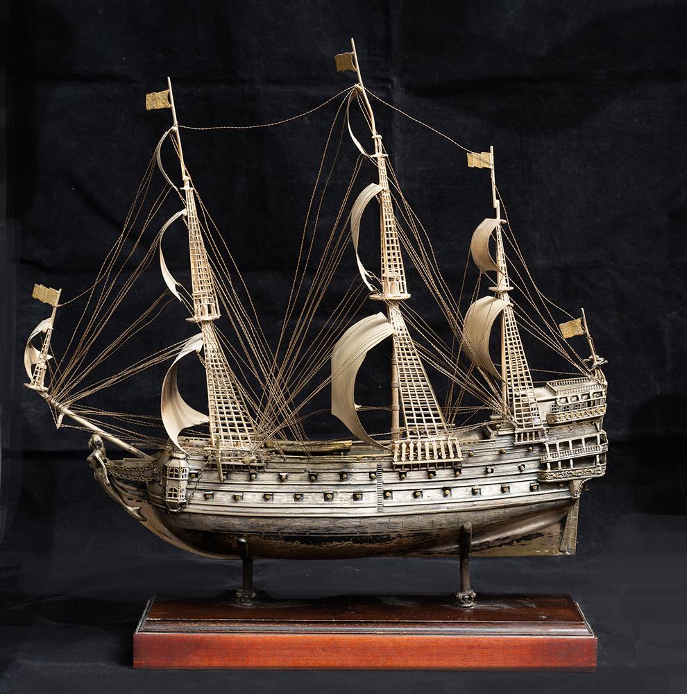 Chiseled silver antique sailing ship. Naples early 20th century. For Sale 1