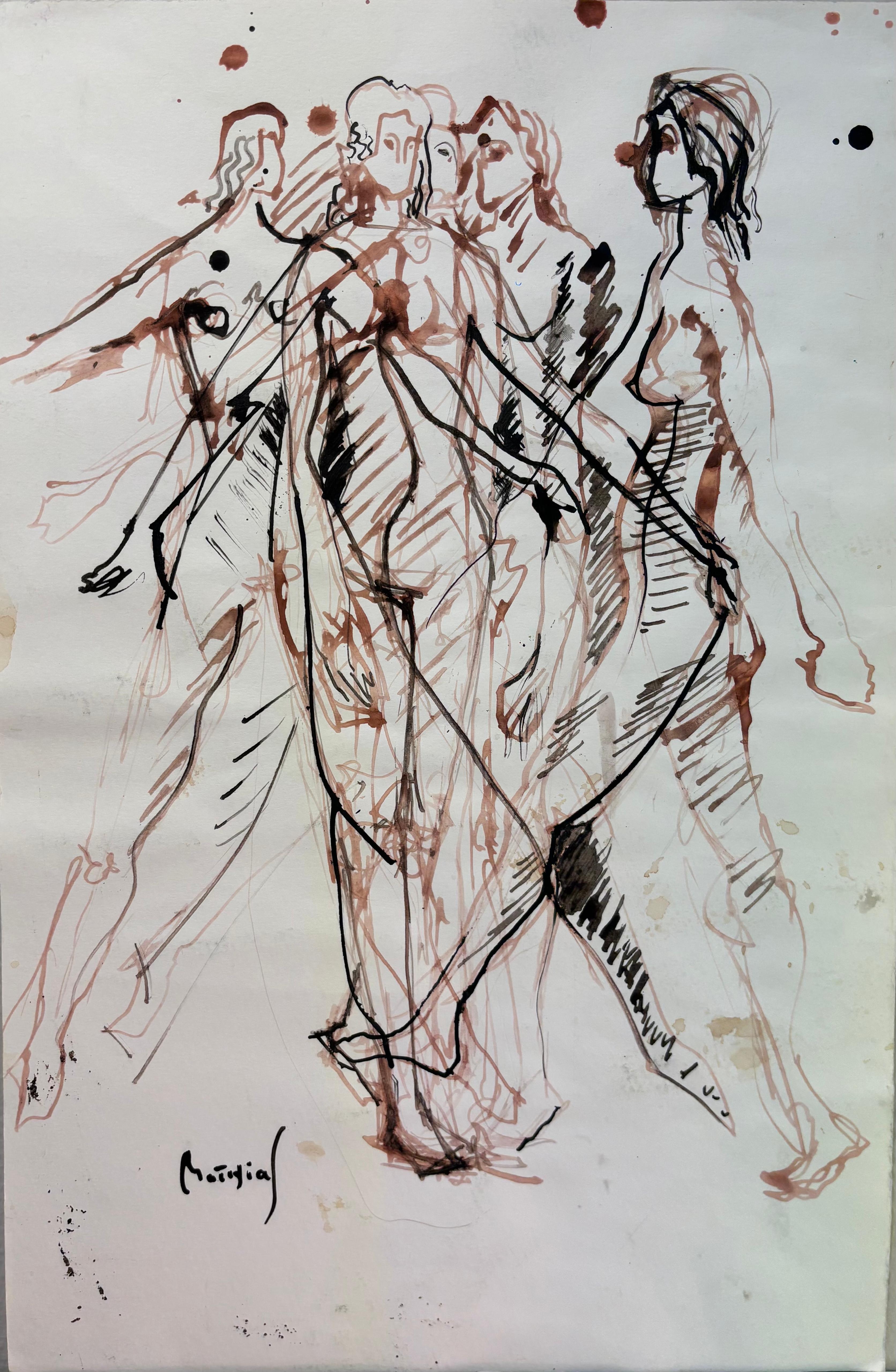 Poses en Movimientos 
Pluma y tinta sepia sobre papel
50 × 32.5 cm
Firmado abajo a la izquierda

En esta dinámica composición a tinta, Grégoire Mathias capta la figura humana en un estado de movimiento fluido. Las siluetas superpuestas sugieren