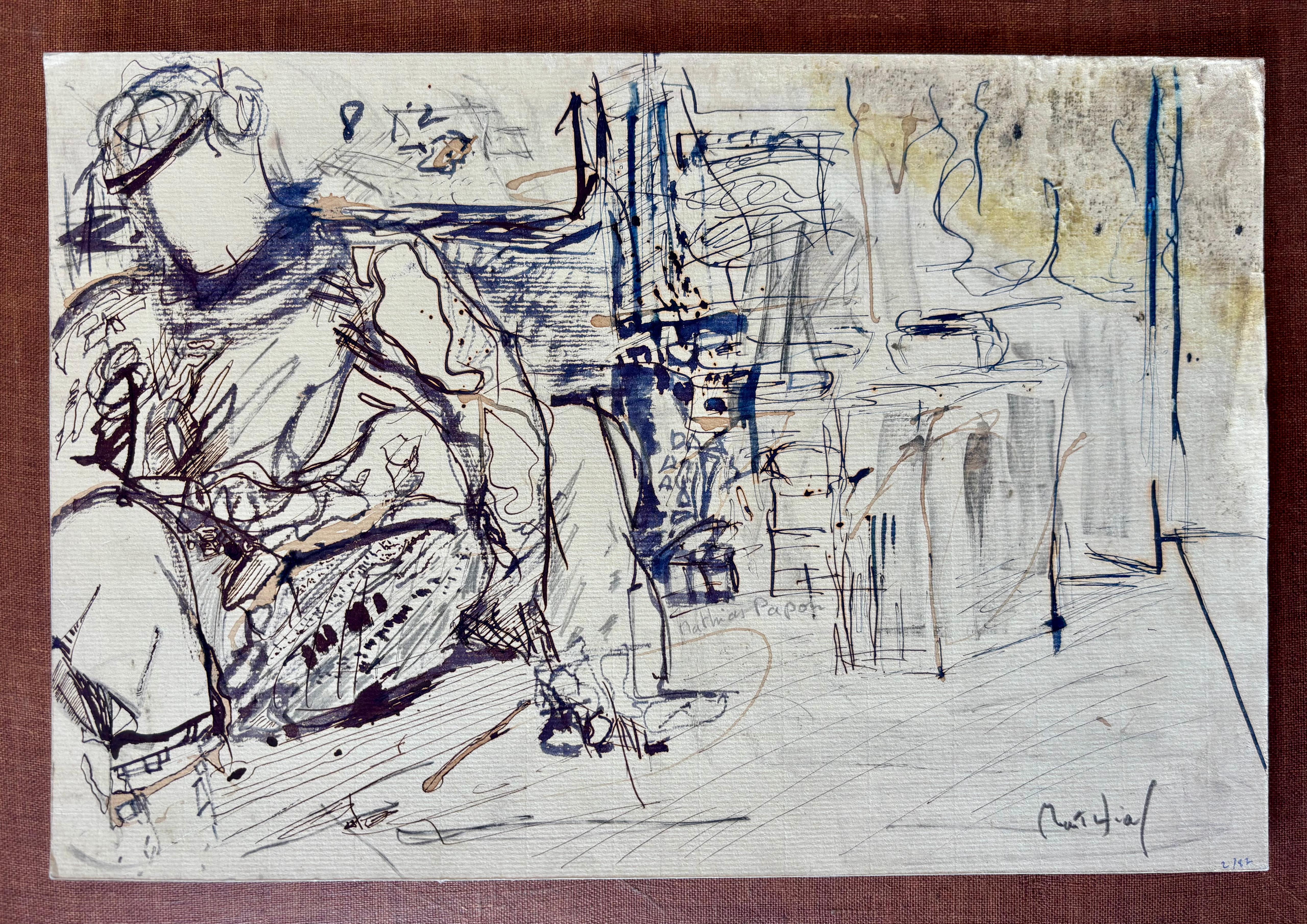 2, rue Taitbout, París
Tinta y lápiz sobre tabla
25.5 × 38 cm
Firmado abajo a la derecha

Esta obra original de Greg Mathias capta la intensidad estratificada de un espacio interior de París. El artista construyó una composición densa y expresiva