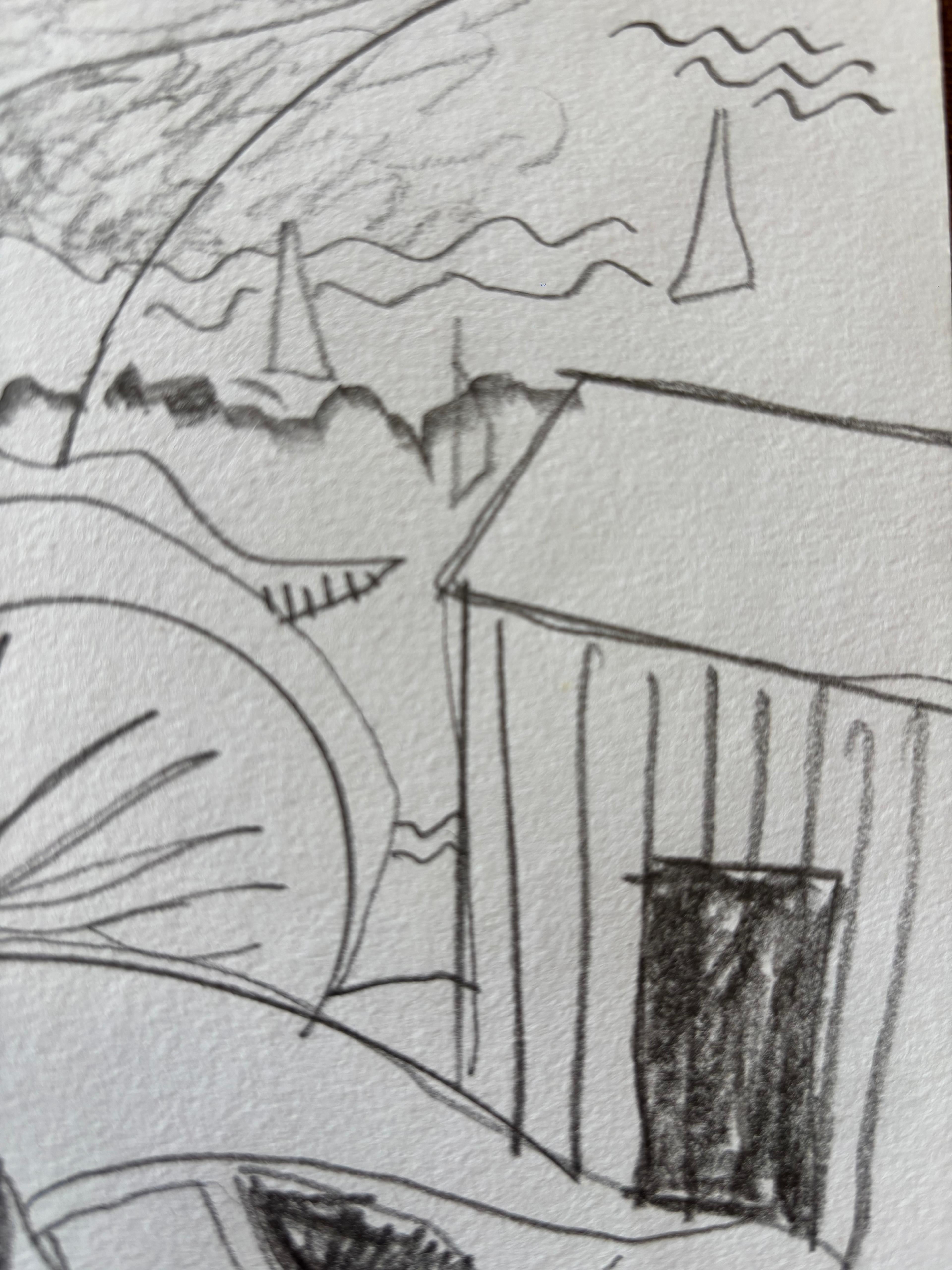 Début des vacances de Grégoire Mathias - Boceto en grafito de una escena de partida en venta 6