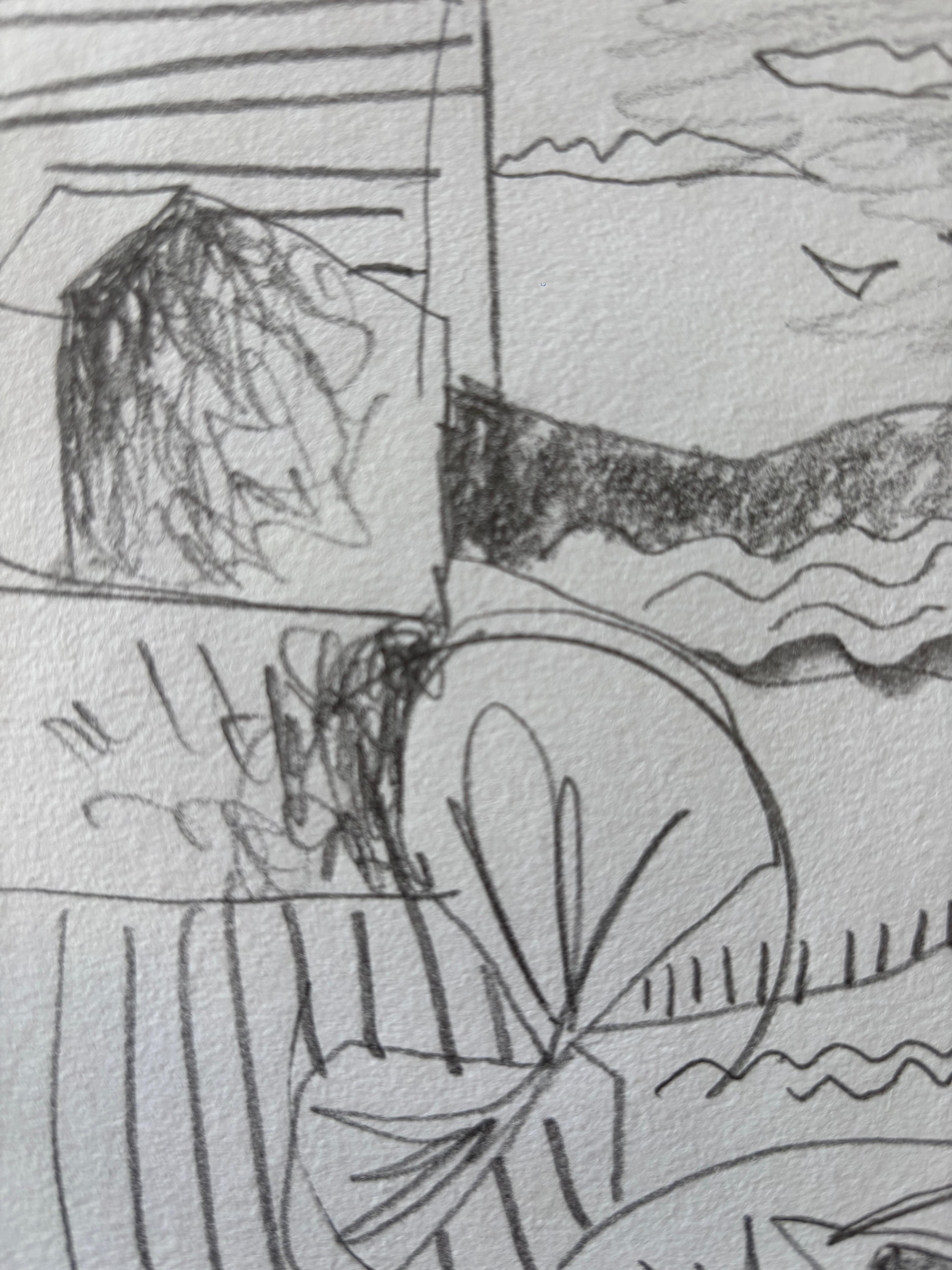 Début des vacances de Grégoire Mathias - Boceto en grafito de una escena de partida en venta 5
