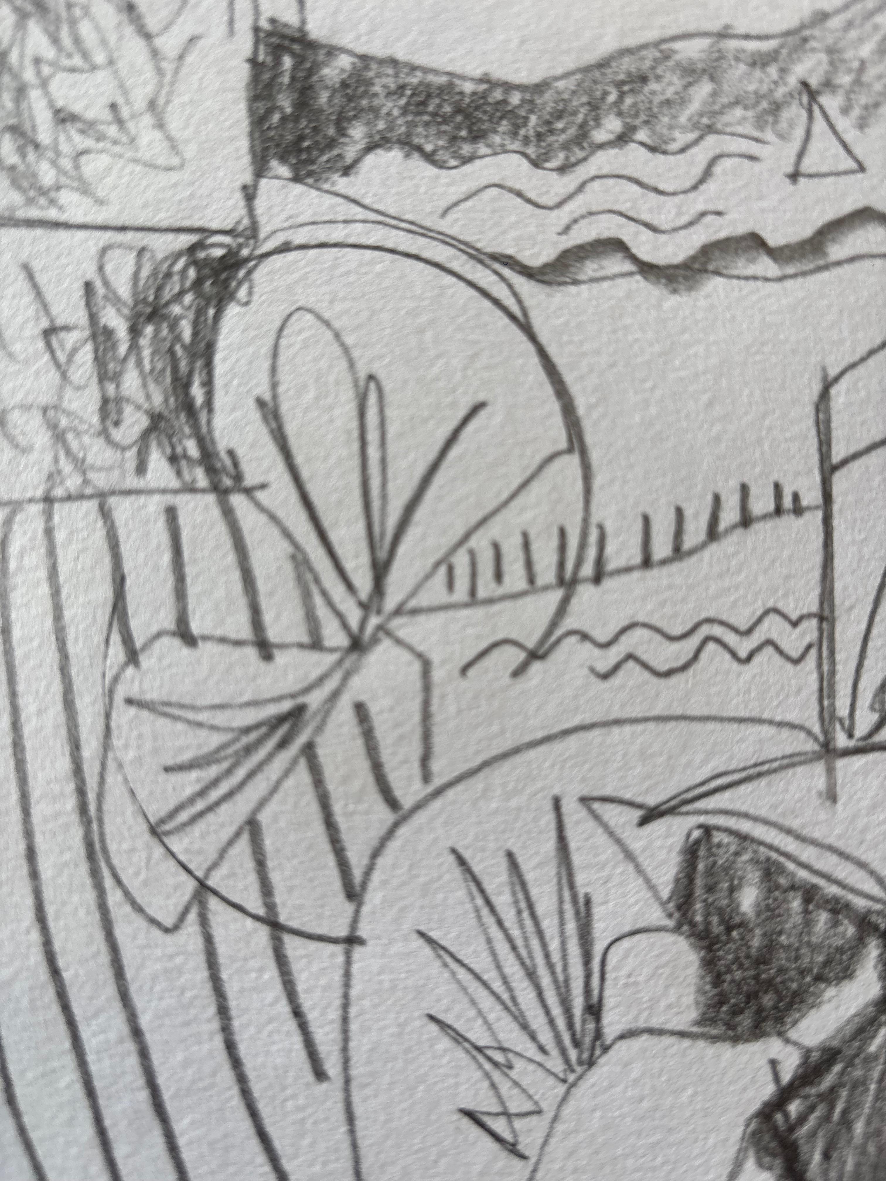 Début des vacances de Grégoire Mathias - Boceto en grafito de una escena de partida en venta 3
