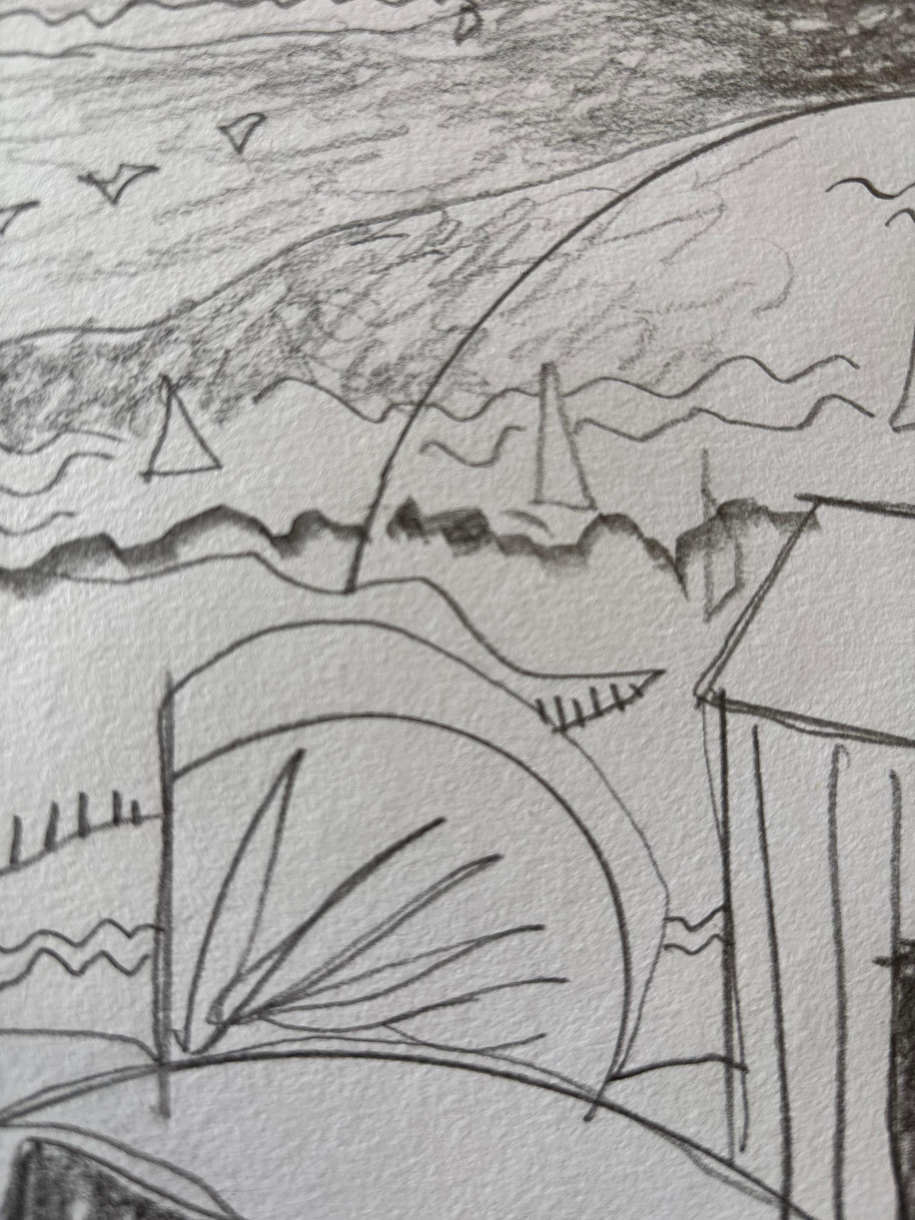 Début des vacances de Grégoire Mathias - Boceto en grafito de una escena de partida en venta 2