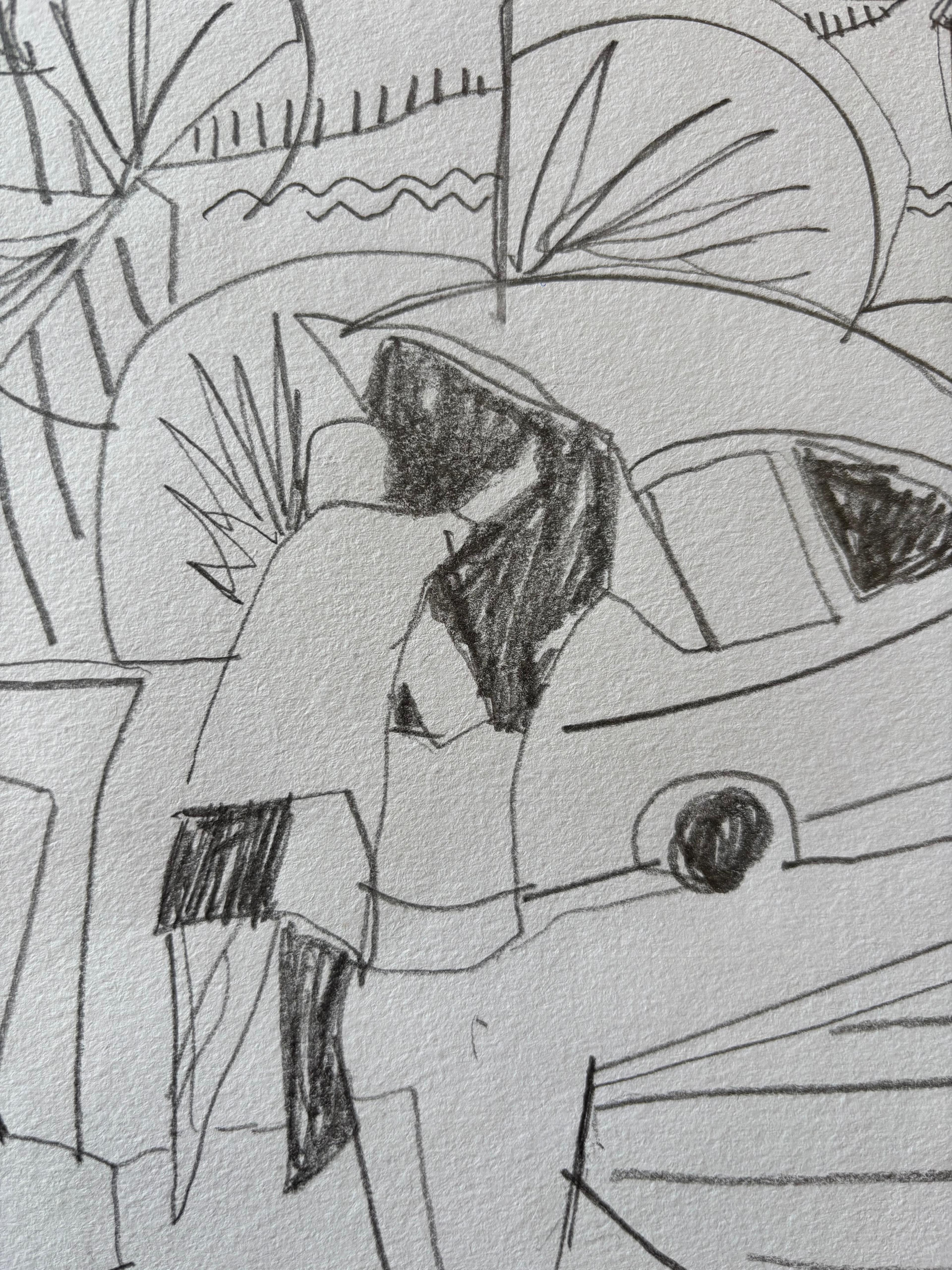 Début des vacances de Grégoire Mathias - Boceto en grafito de una escena de partida en venta 7