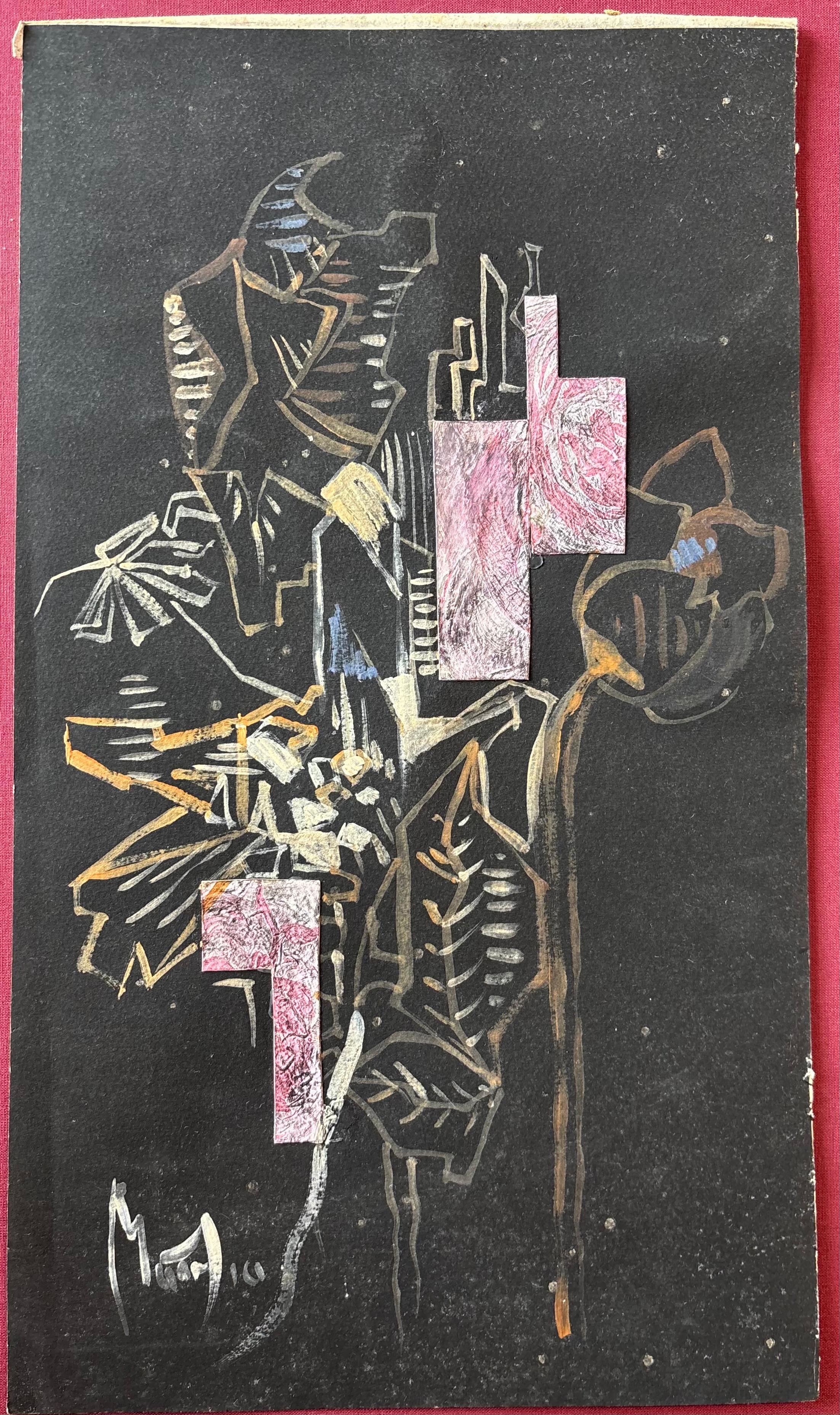 Fleurs (Flores) 
Gouache y collage sobre papel negro
41,5 x 23,7 cm

En esta obra de técnica mixta, Greg Mathias reinterpreta el género clásico del bodegón mediante un sorprendente contraste de color, forma y espacio negativo. Fleurs brota de un