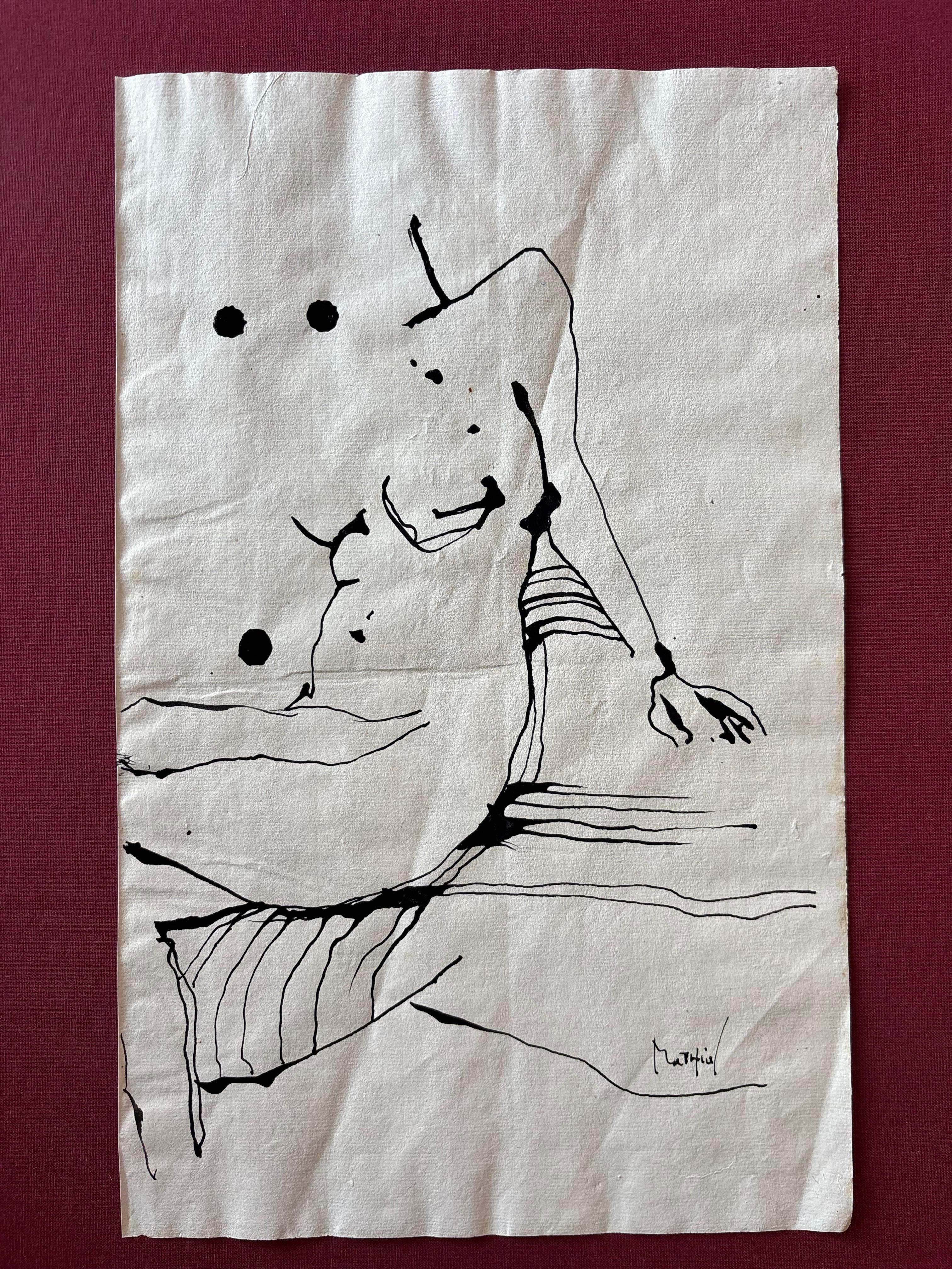 Nu Assis
Pluma y tinta china sobre papel texturado
34,5 x 21,5 cm

Con unos pocos trazos controlados y goteos de tinta, Grégoire Mathias capta la esencia de una forma femenina sentada. Nu Assis es un sorprendente estudio de contención y ritmo, que