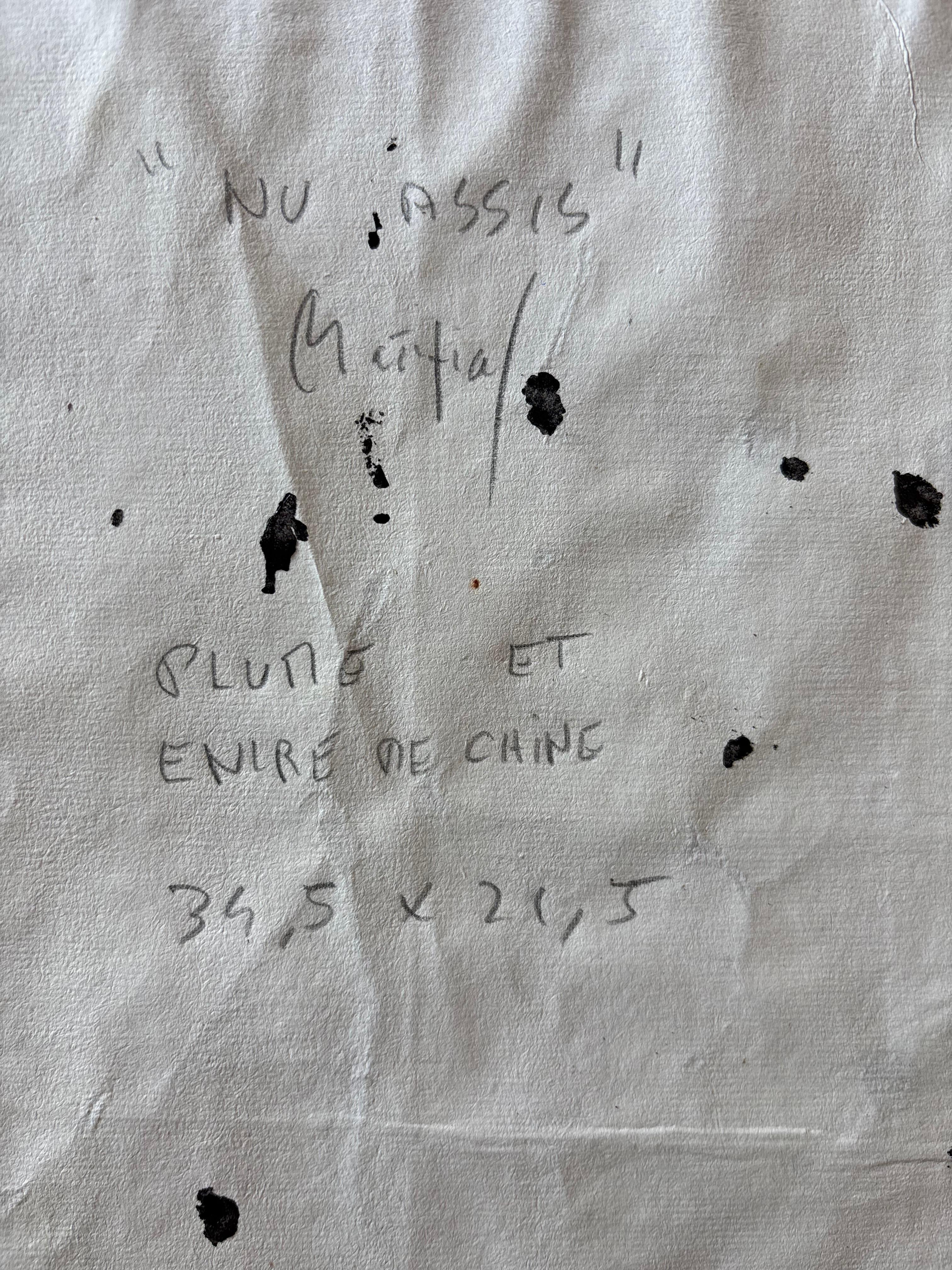 Nu Assis de Grégoire Mathias - Desnudo minimalista a tinta sobre papel texturizado en venta 1