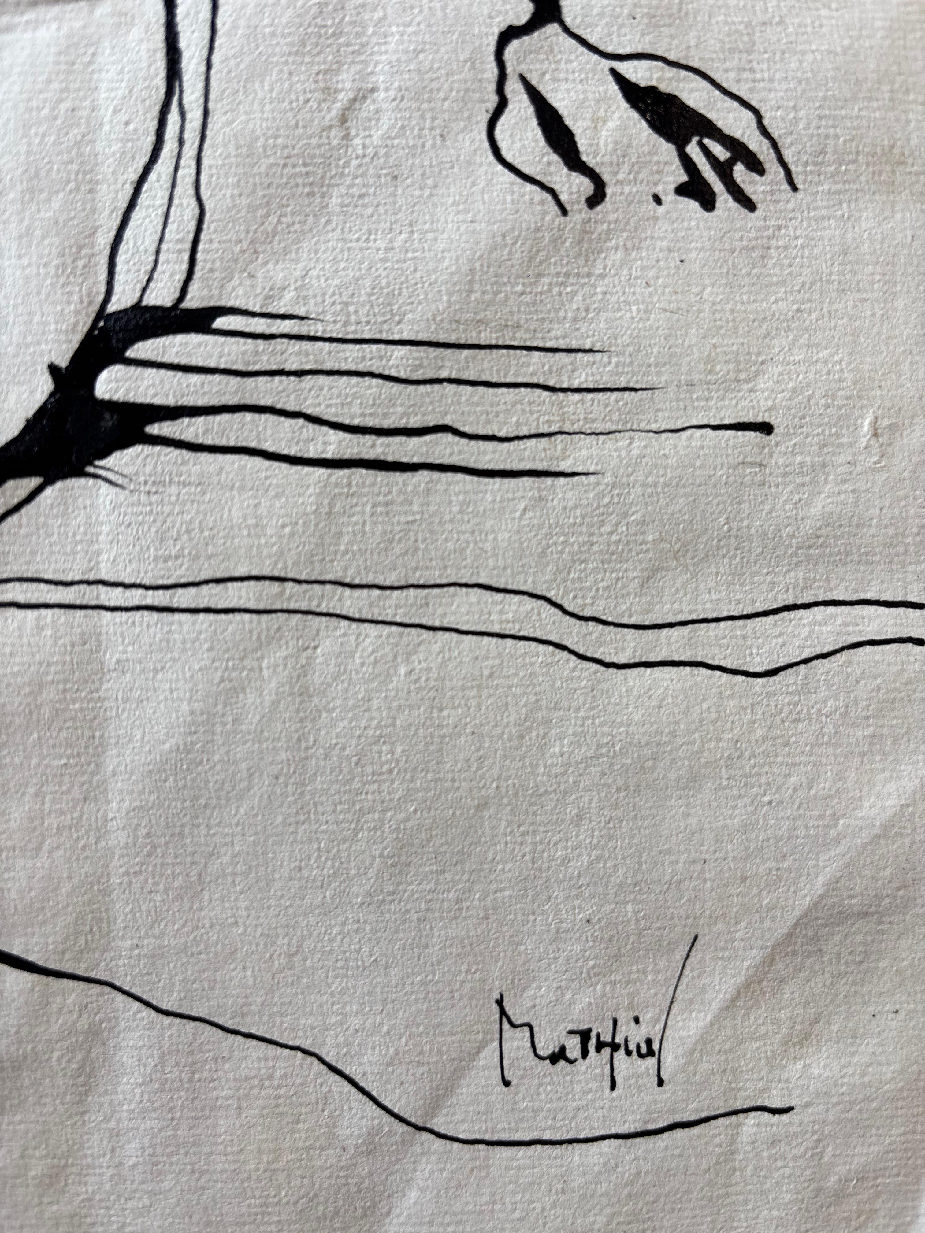 Nu Assis de Grégoire Mathias - Desnudo minimalista a tinta sobre papel texturizado en venta 2