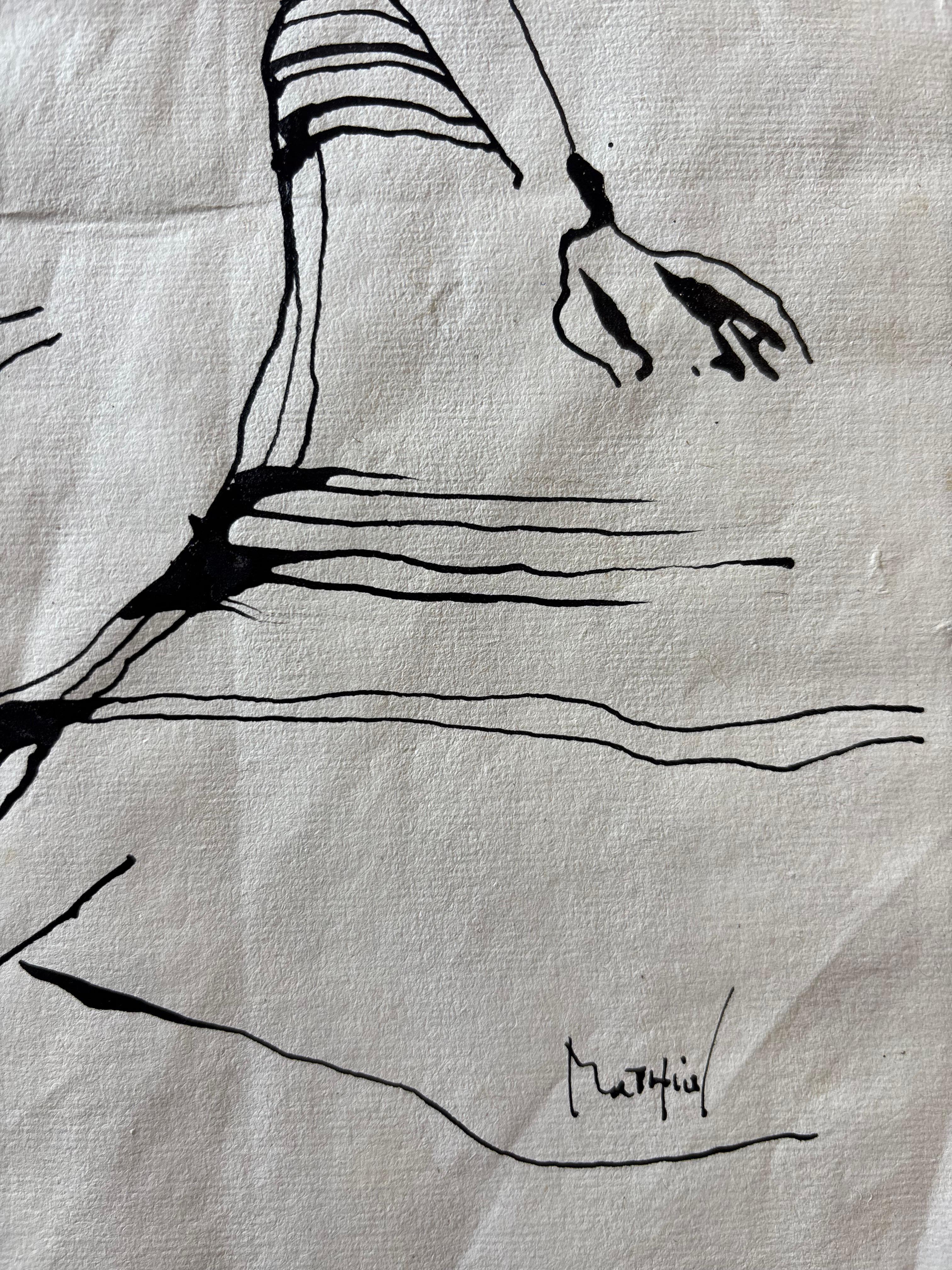 Nu Assis de Grégoire Mathias - Desnudo minimalista a tinta sobre papel texturizado en venta 3
