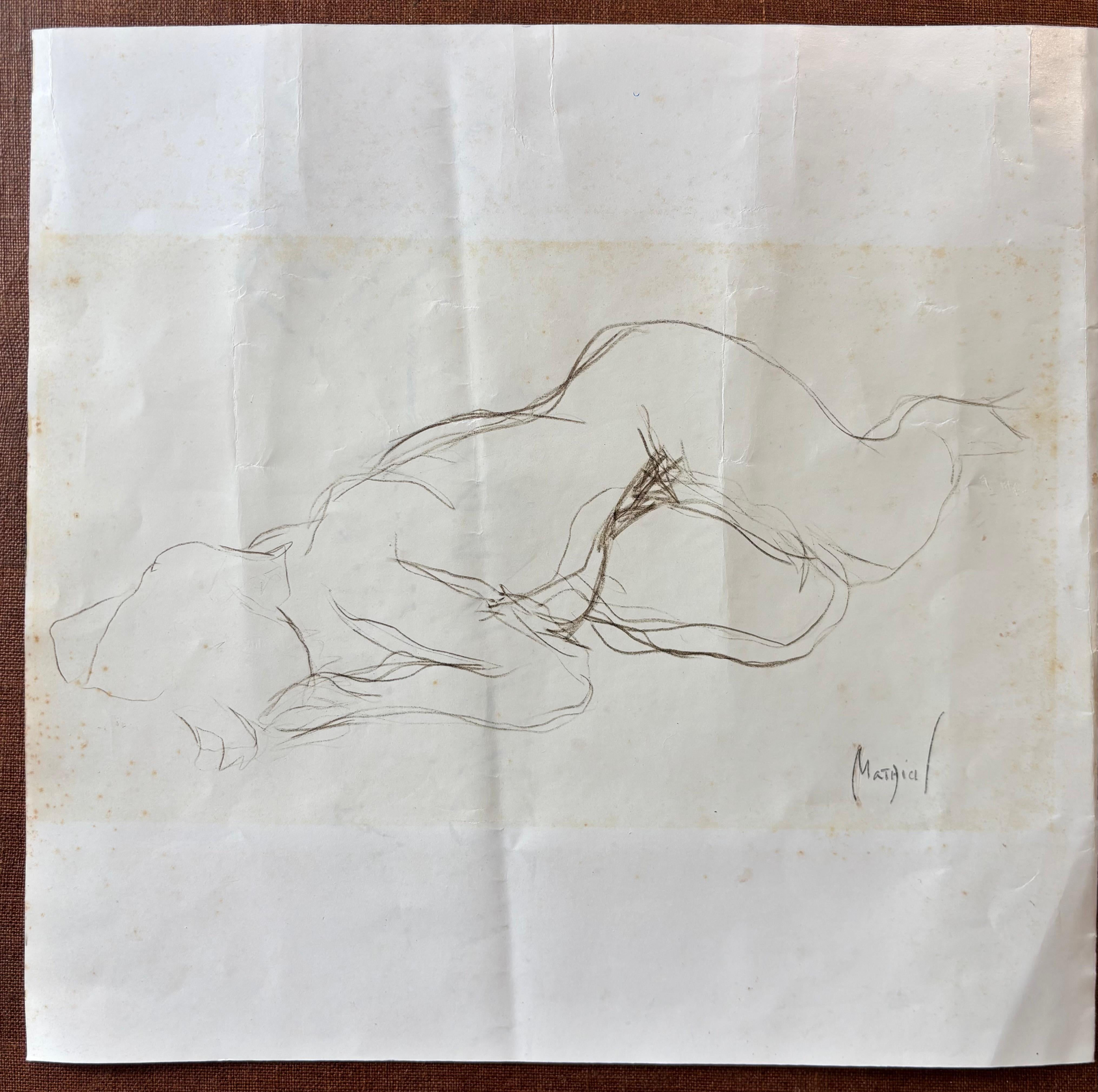 Nu Allongé II
Bolígrafo en el reverso del cartel
28.5 x 30 cm

Estado: Hoja con pliegues y marcas, coherentes con la práctica de Mathias de hacer bocetos en el papel disponible, lo que realza el carácter y la autenticidad de la obra de arte

Este