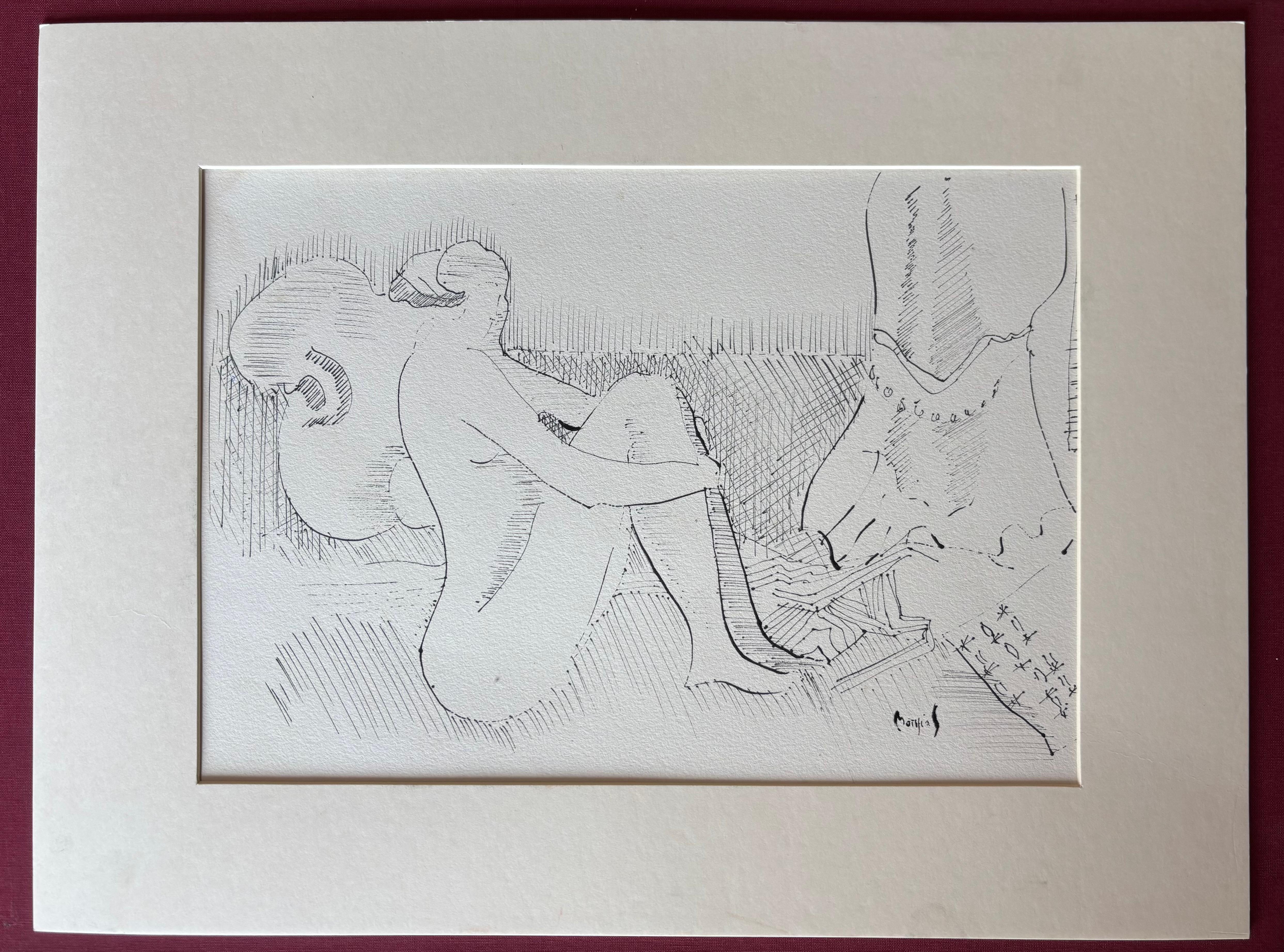 Perdue dans ses Pensées par Grégoire Mathias - Dessin à l'encre d'un nu assis