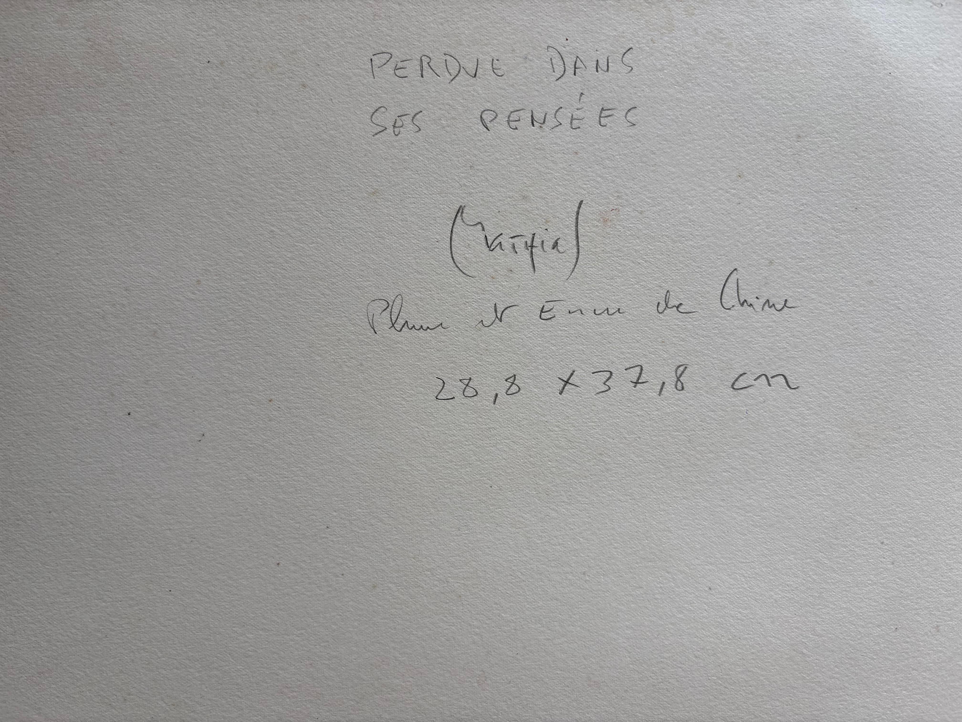 Perdue dans ses Pensées by Grégoire Mathias – Ink Drawing of a Seated Nude For Sale 6
