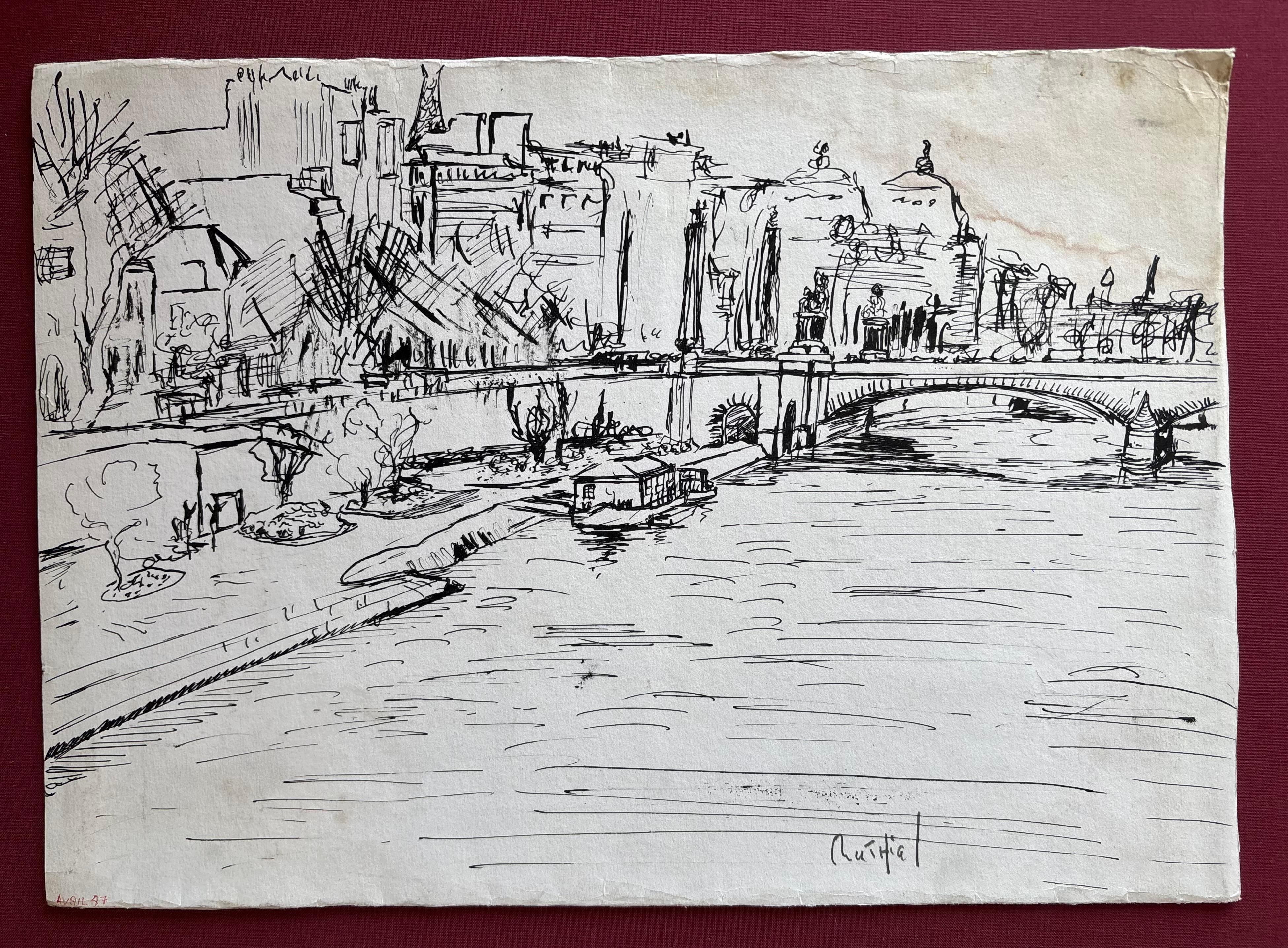 Vue du Pont des Arts, París, por Grégoire Mathias - Paisaje urbano de París a pluma y tinta