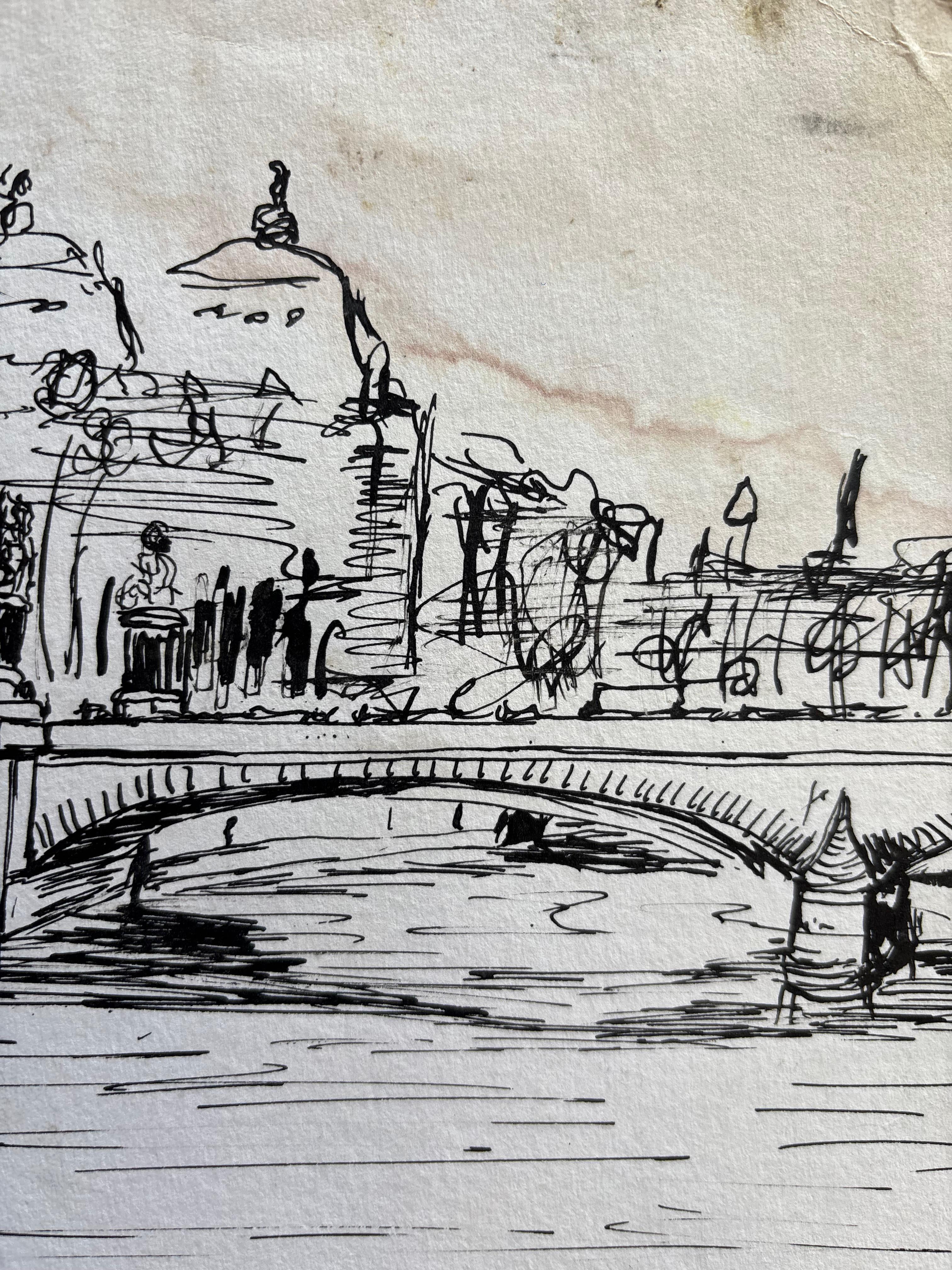Vue du Pont des Arts, Paris, by Grégoire Mathias – Pen and Ink Paris Cityscape For Sale 4
