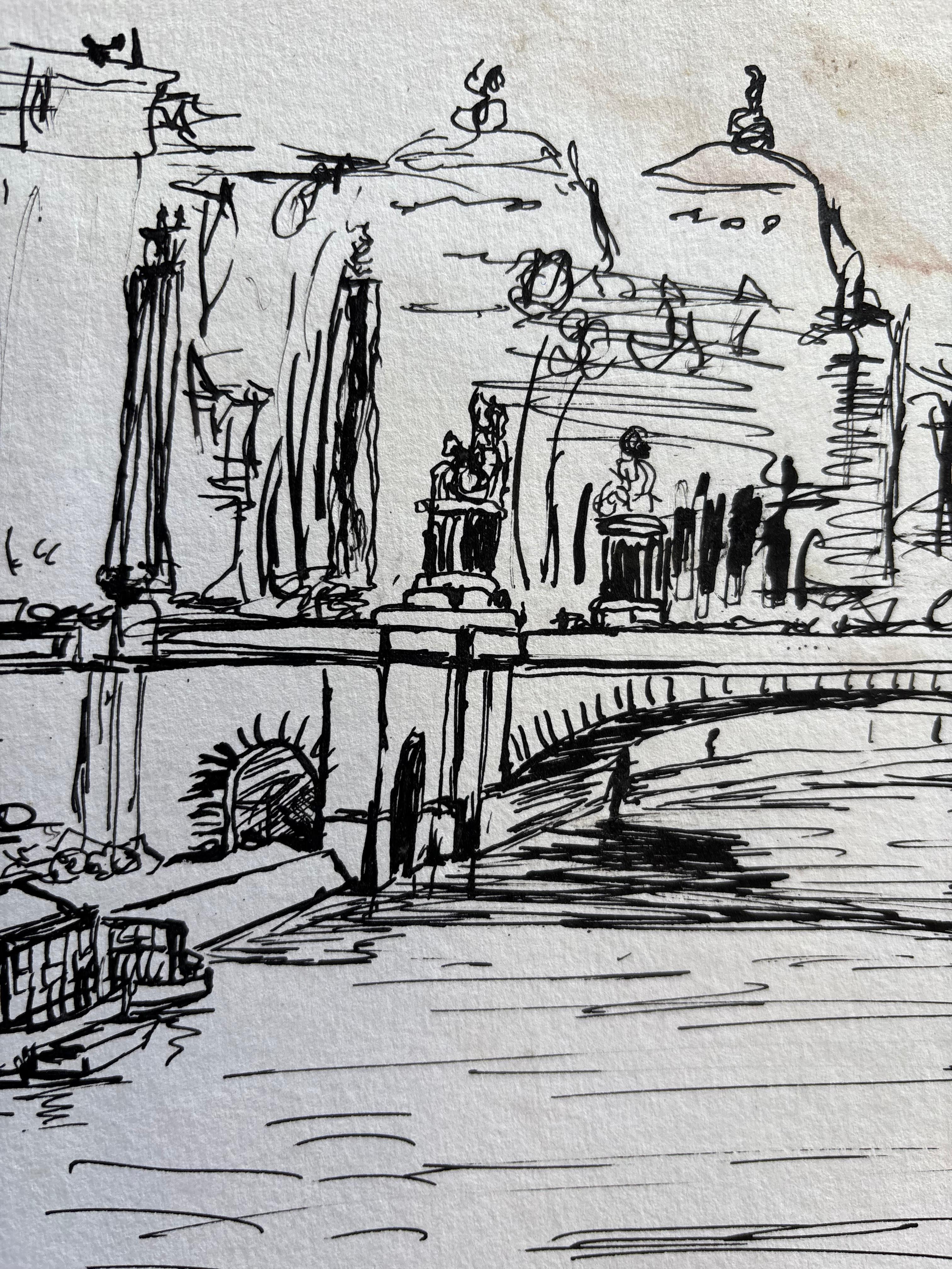 Vue du Pont des Arts, Paris, by Grégoire Mathias – Pen and Ink Paris Cityscape For Sale 8