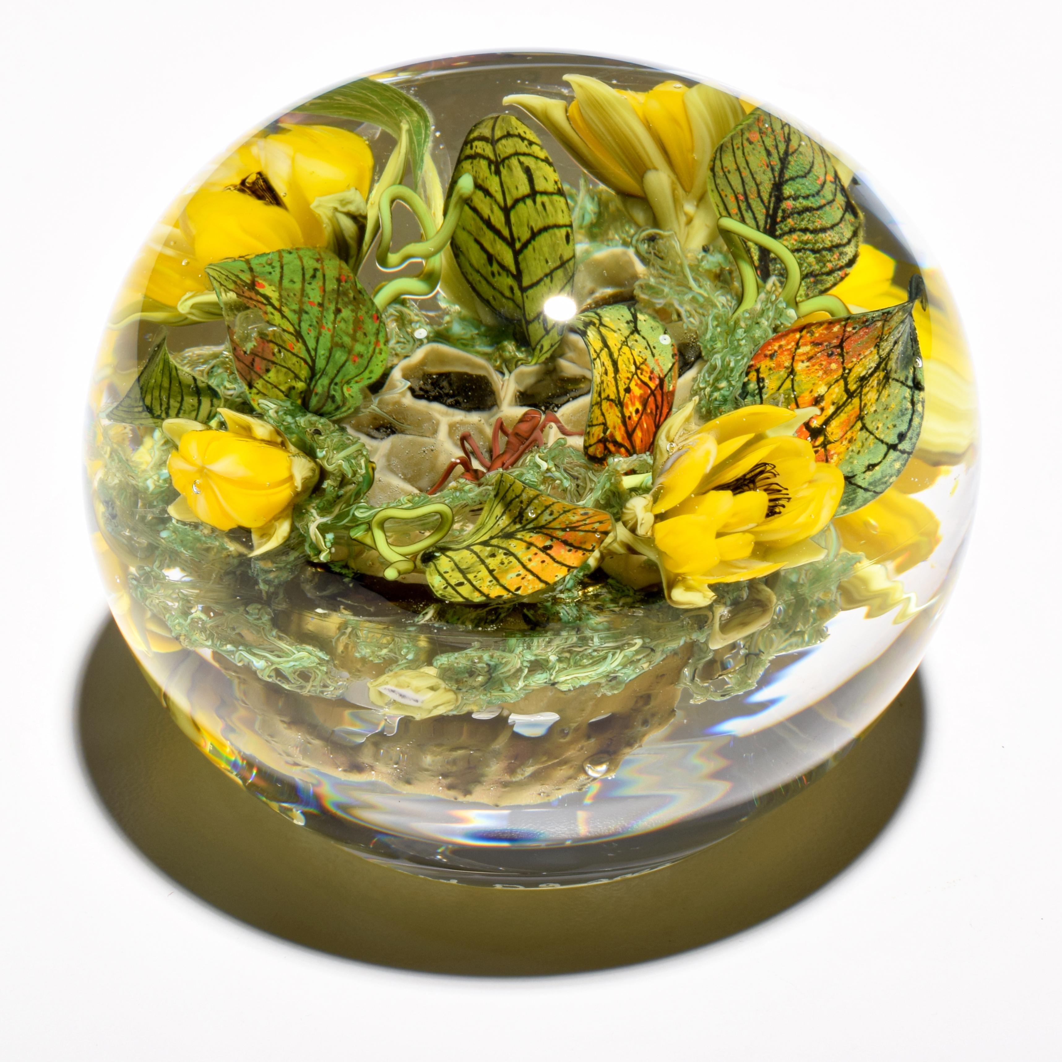 Paul J. Stankard Honeycomb, Flowers & Mask Oblate Paperweight