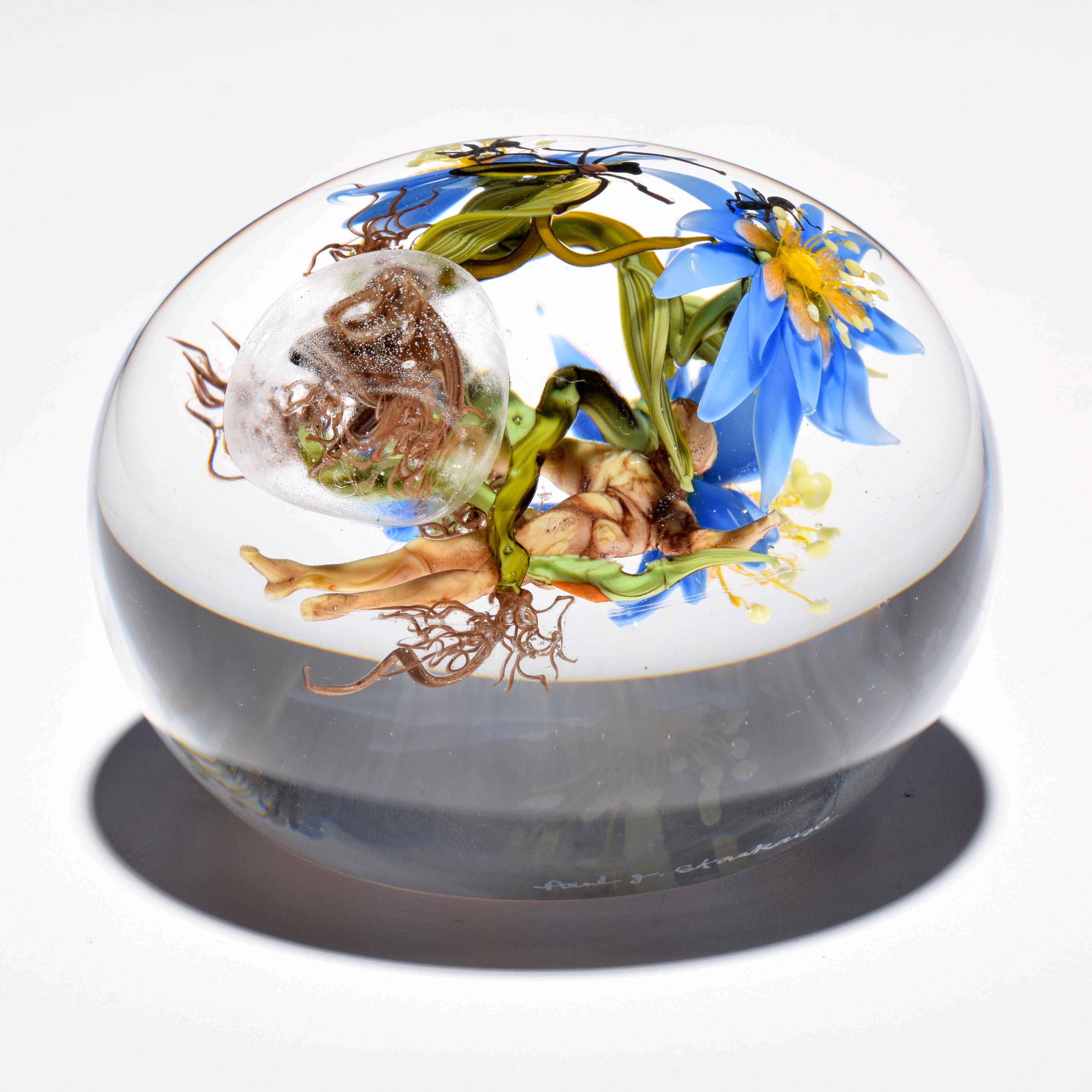 Paul J. Stankard Floral, Orb & Root Person Oblate Paperweight - Contemporary Art by Paul Stankard