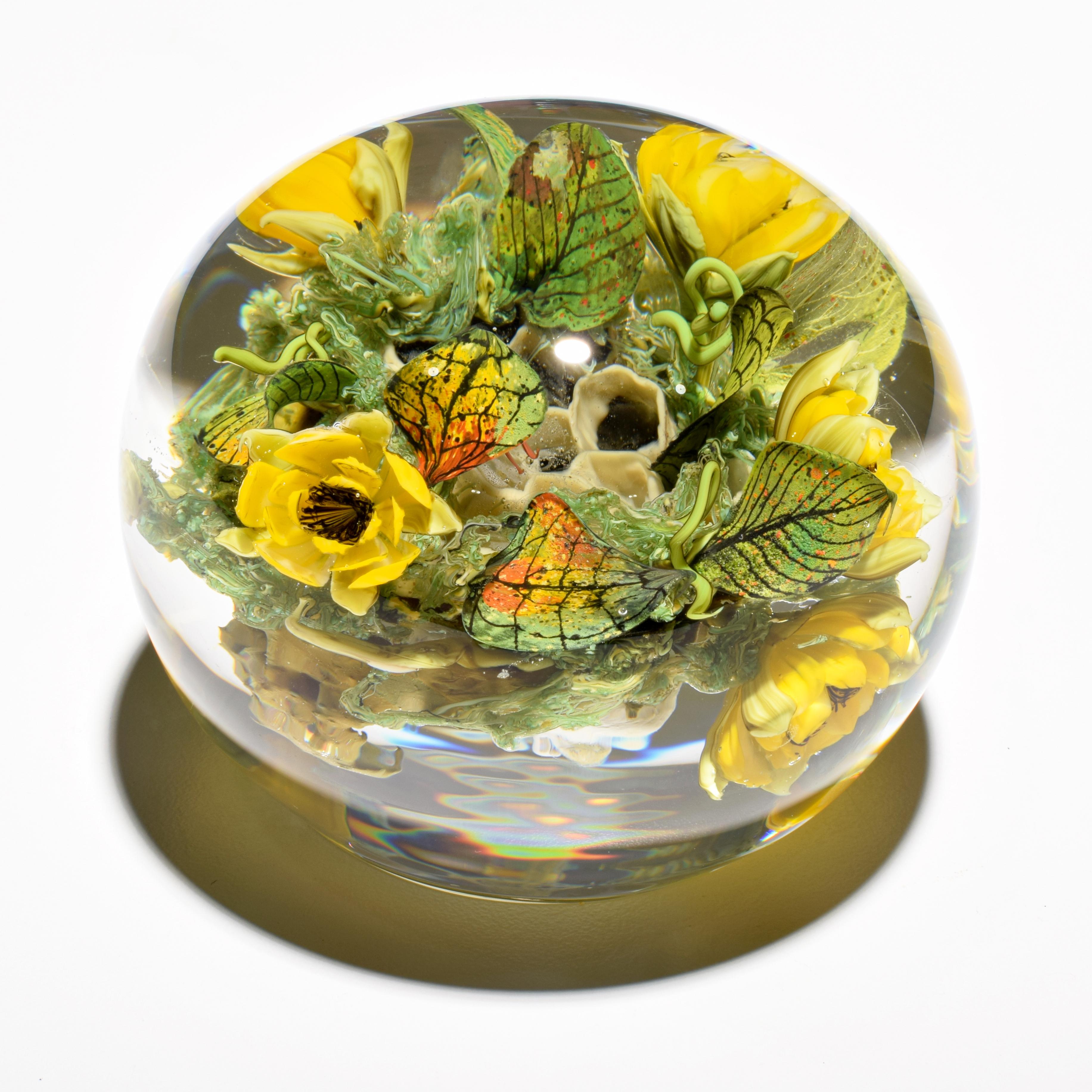 Paul J. Stankard Honeycomb, Flowers & Mask Oblate Paperweight - Contemporary Art by Paul Stankard
