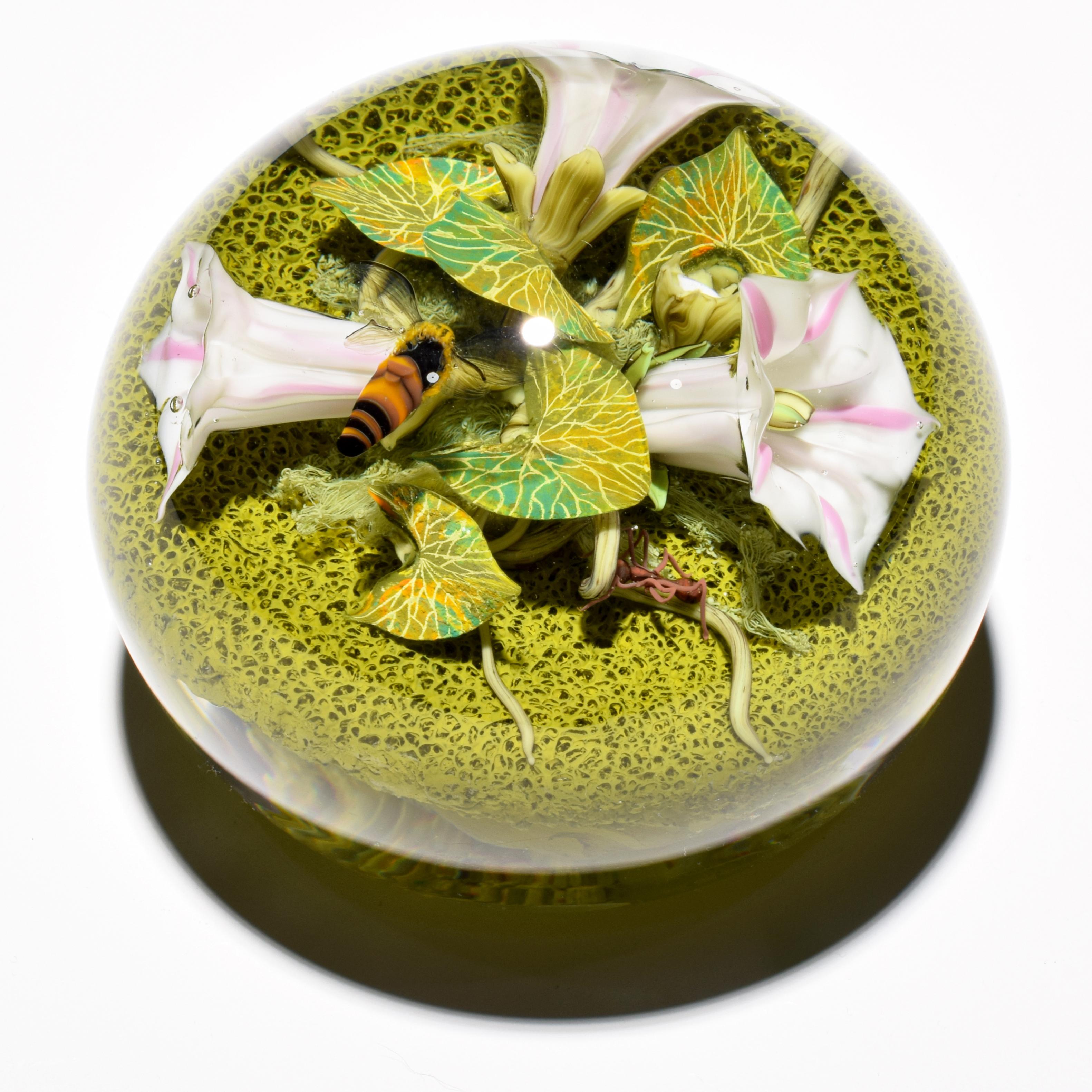 Paul J. Stankard Morning Glories, Bee & Masks Oblate Paperweight - Contemporary Art by Paul Stankard