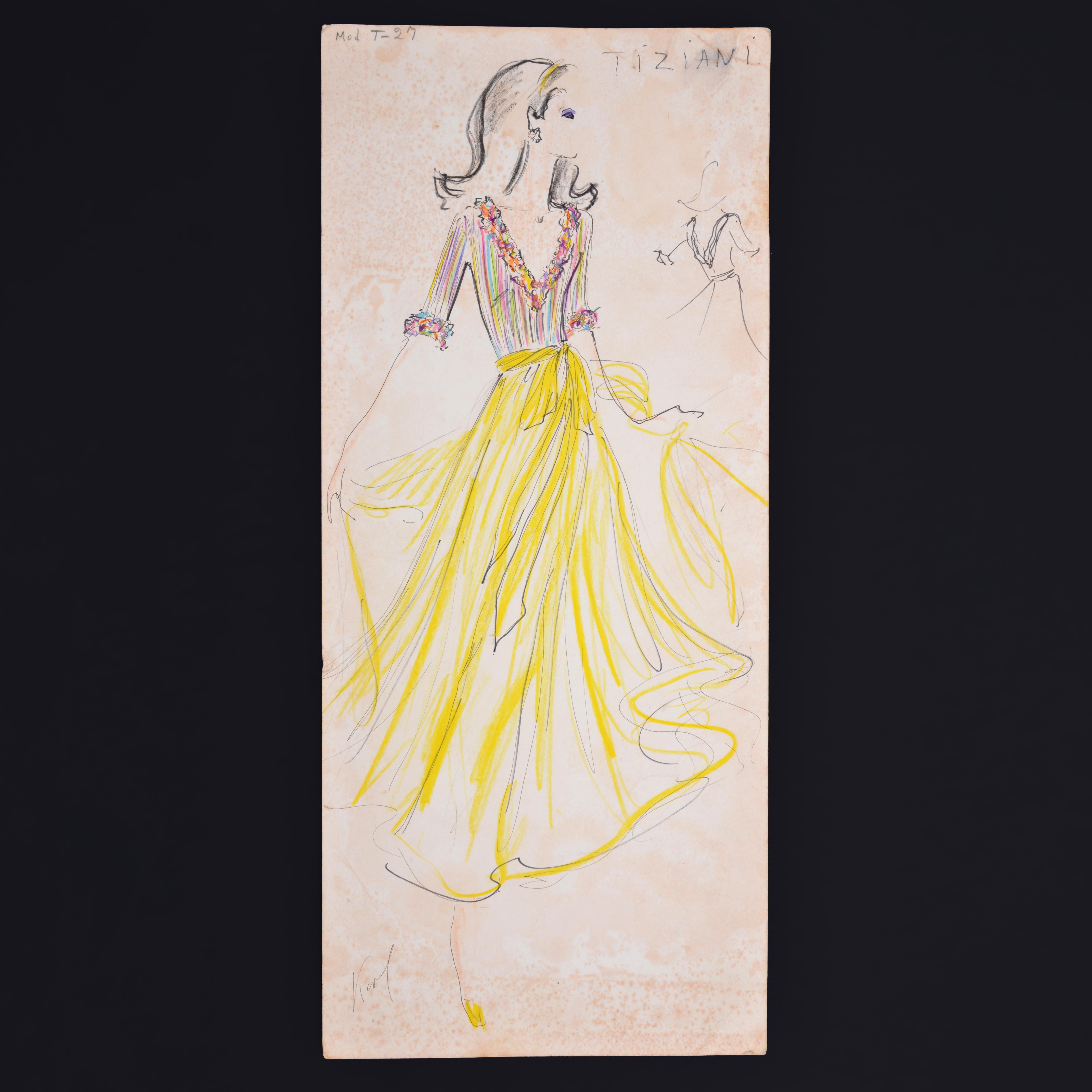 Artista/Designer: Karl Lagerfeld (1933-2019)
Contrassegno/i; note: firmato
Materiali: cartoncino pesante
Dimensioni: 21.75 "h, 10.5 "l, 1.25 "p (cornice)
Informazioni aggiuntive: Bozzetto di Karl Lagerfeld dagli Archivi Tiziani. Provenienza: Tenuta