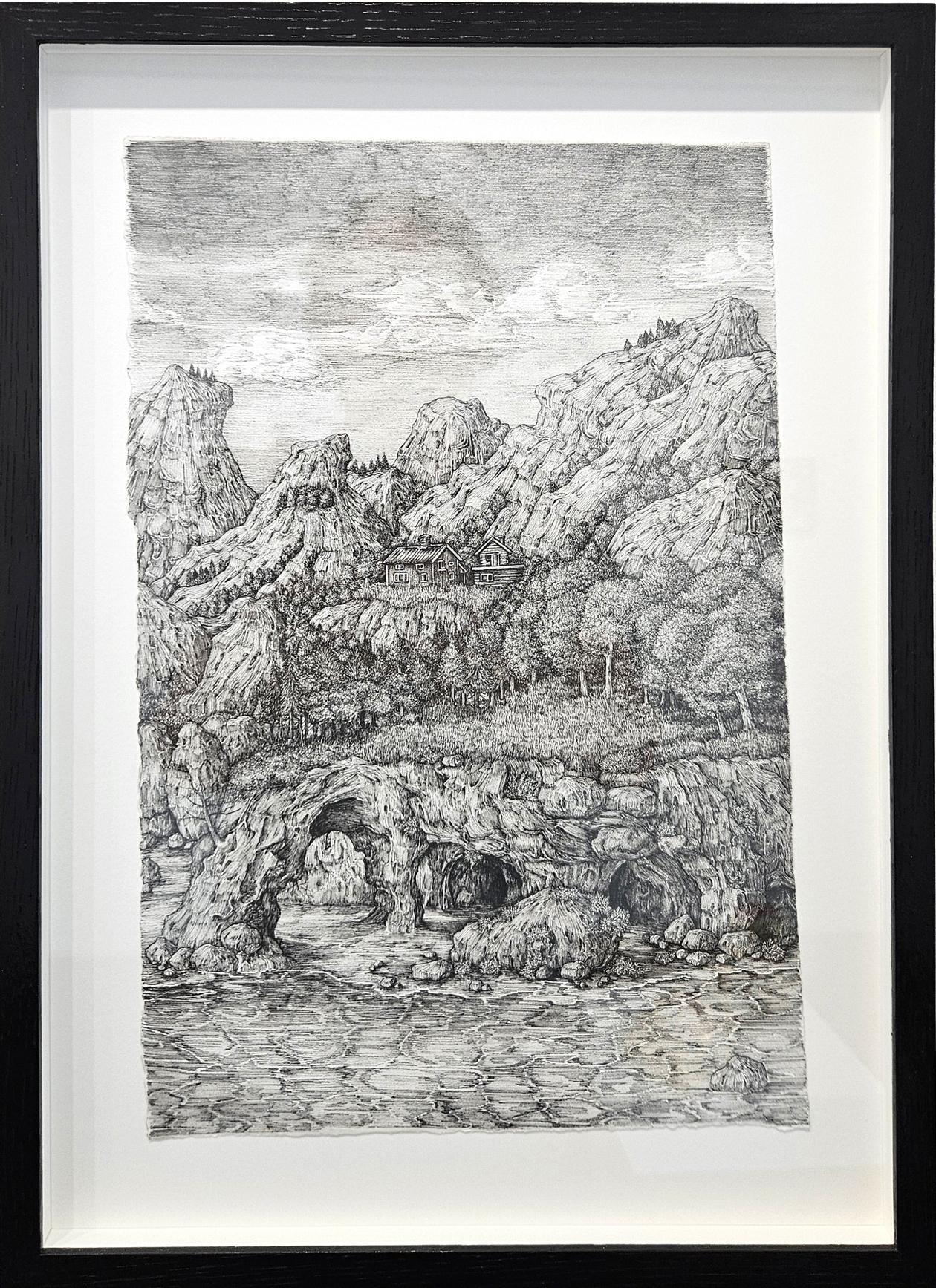 Olivia Kemp’s ink drawings are both intricate and expansive, fruit of an intuitive stream-of-consciousness approach to drawing. She works in pen on paper without any pencil underdrawing or preparatory sketches to create landscapes packed with