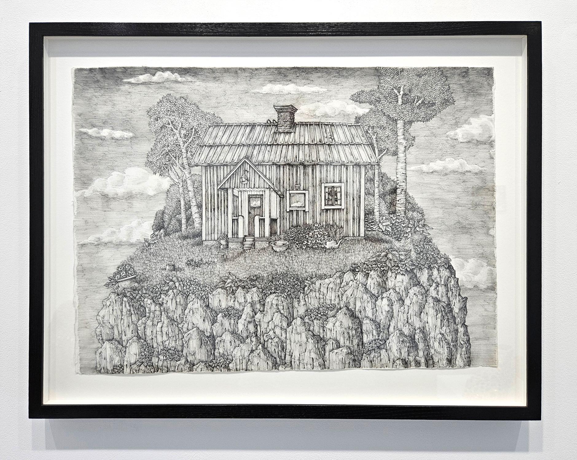Olivia Kemp’s ink drawings are both intricate and expansive, fruit of an intuitive stream-of-consciousness approach to drawing. She works in pen on paper without any pencil underdrawing or preparatory sketches to create landscapes packed with