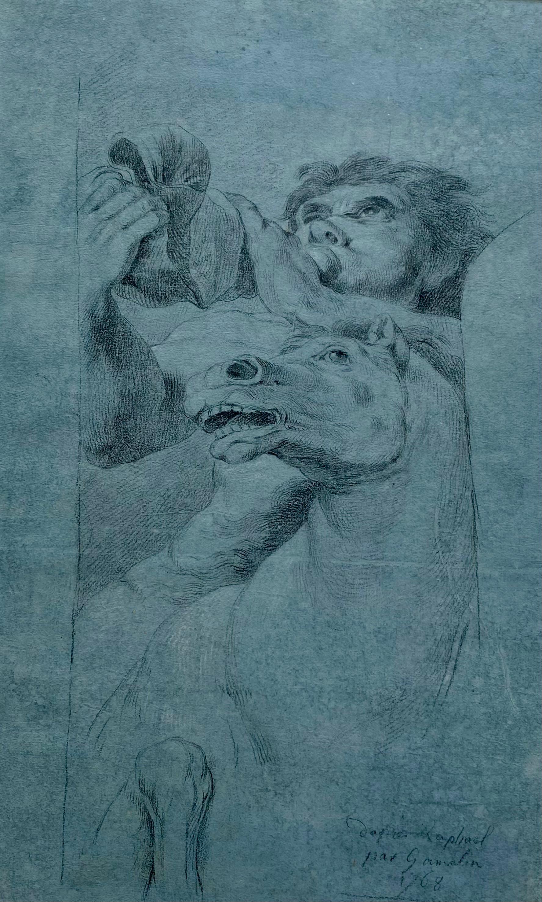 Jacques GAMELIN
Carcassone 1738-1803

Studie nach dem Triton des Triumphs der Galatea von Raphaël
1768
Schwarzer Stein und helle weiße Kreide auf blauem Papier
Signiert und datiert unten rechts
41 x 27 cm