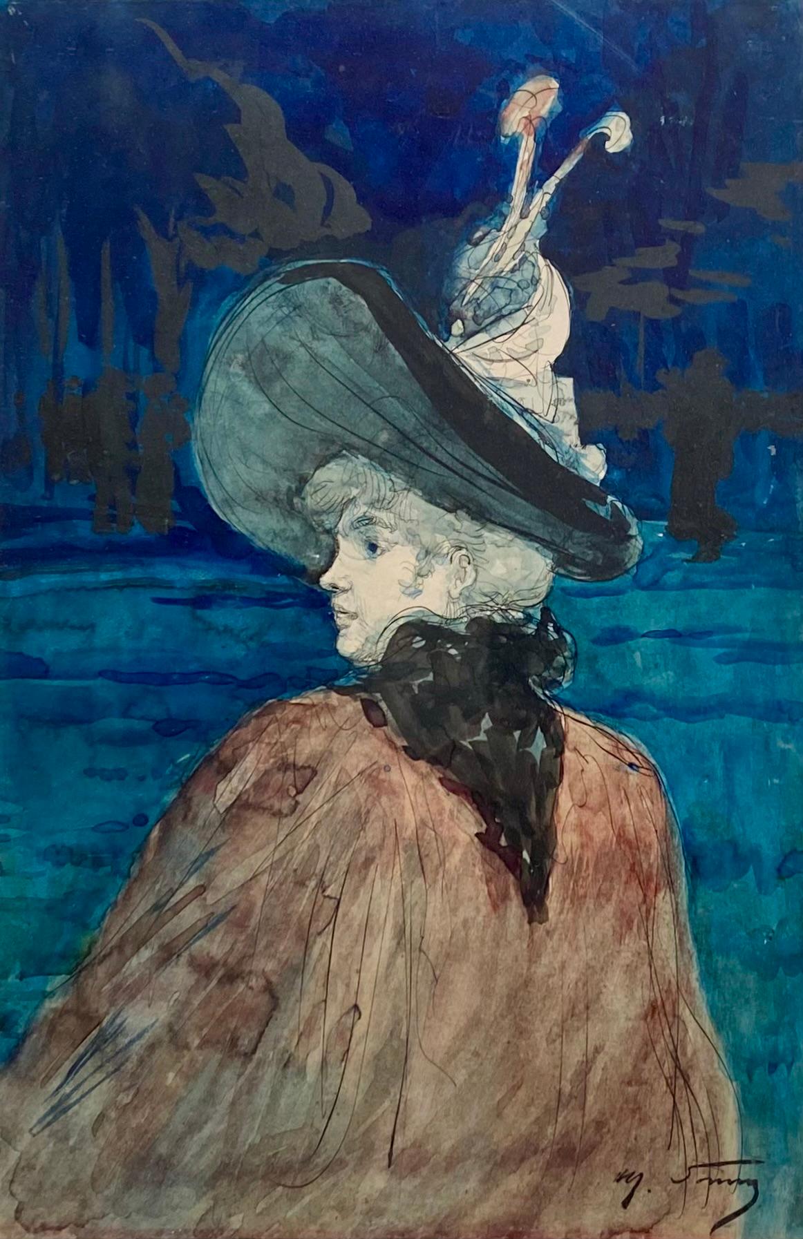 Henry Somm Portrait –  Elegante junge, elegante Dame mit Hut, Nocturne