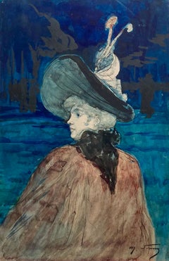 Antique  Young Elegant Lady In A Hat, Nocturne