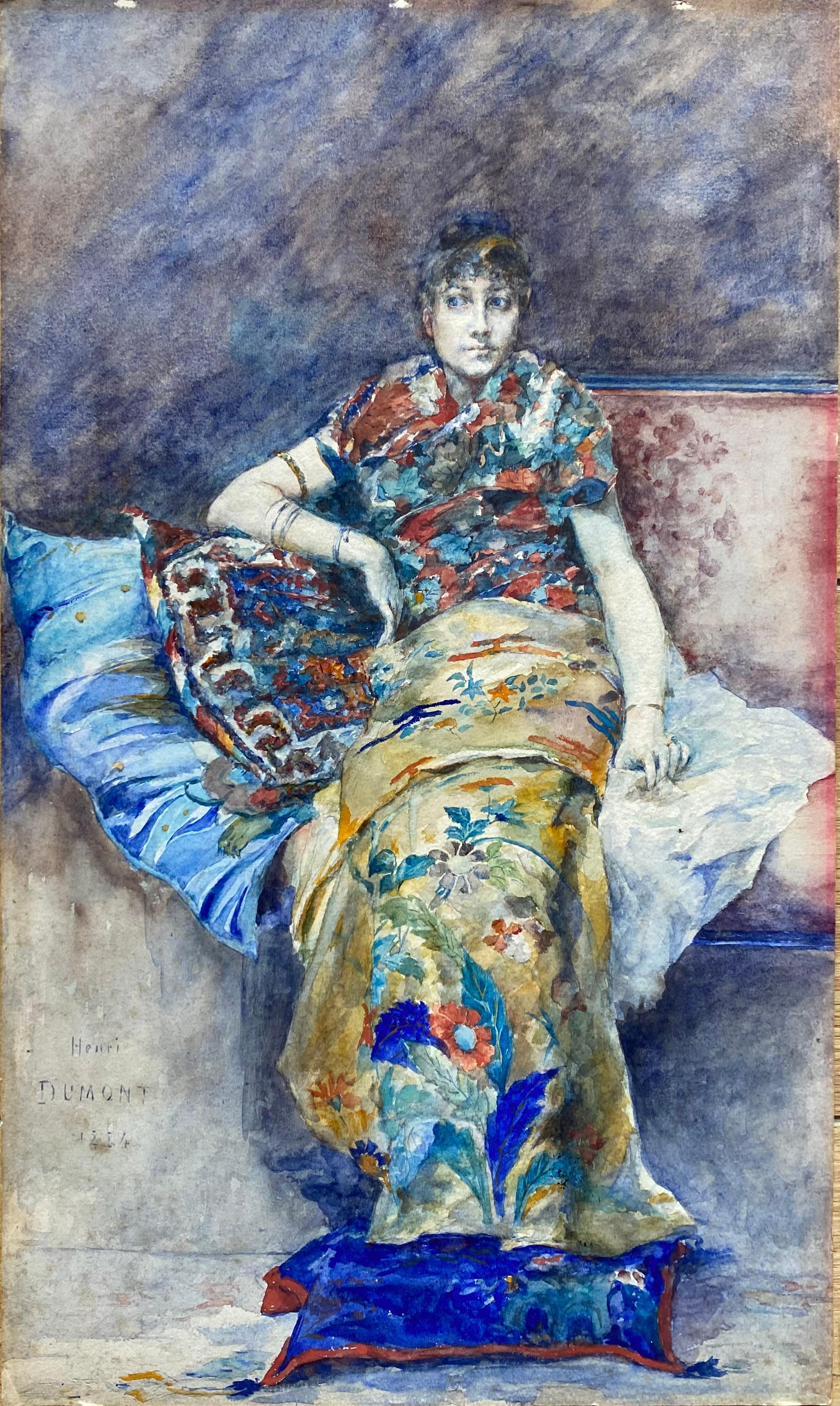 Woman in japonist dress seated on a sofa – Art von Henri Courselles-Dumont