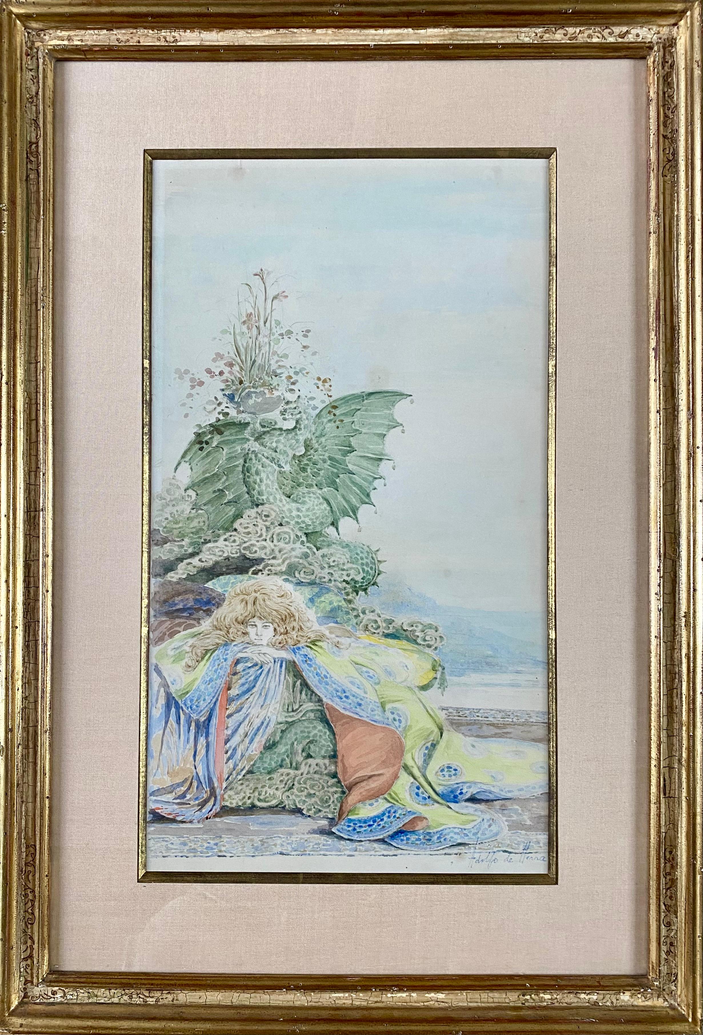 Adolfo de Herra Figurative Art - Adolfo De Herra, Woman With Dragon Around 1900, Watercolor Symbolism
