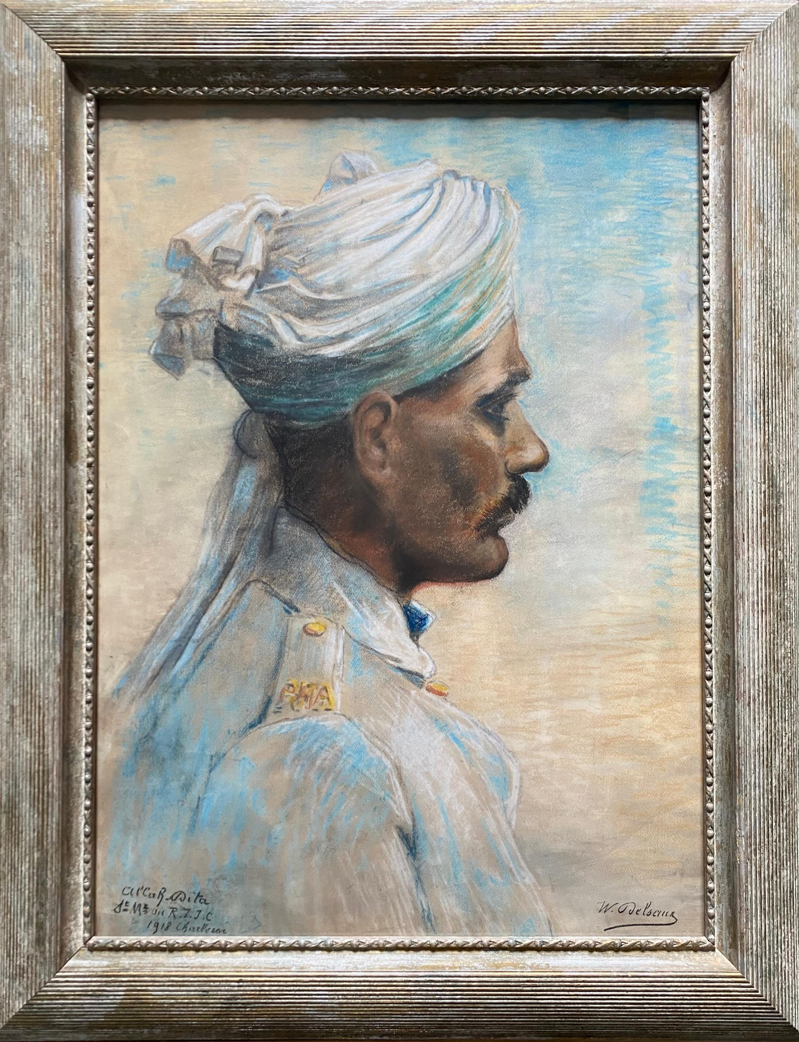 Portrait Of An Indian Soldier, Signed, Large Pastel - Art by Willem Delsaux