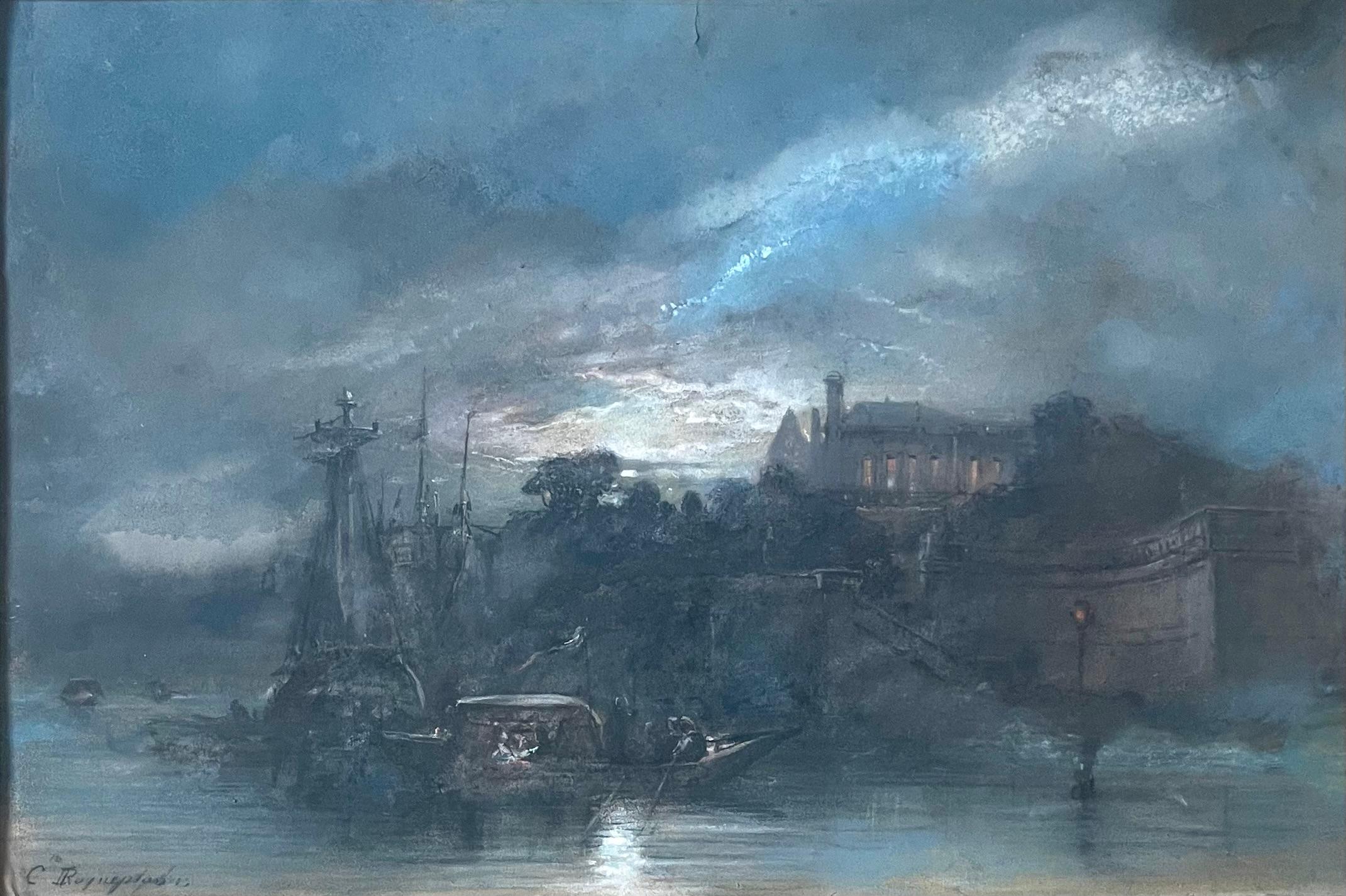 Paesaggio romantico, Veduta di un palazzo immaginario in riva al mare, Pastello, Firmato - Art di Camille Roqueplan