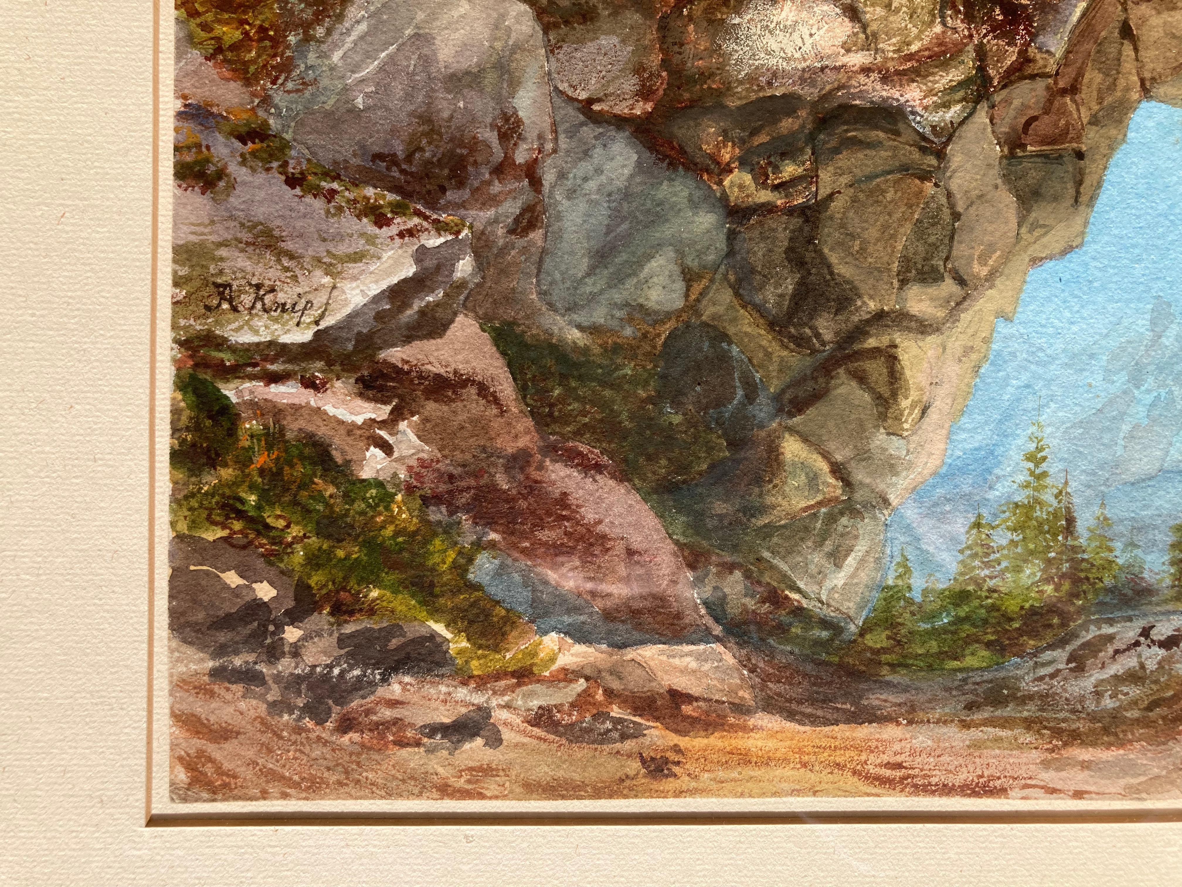 Josephus Augustus KNIP
Tilbourg 1777 - Berlicum 1847

Picturesque landscape of the Alps with anthropomorphic rock
Circa 1800
Watercolor, gouache and brown ink
Signed lower left
47 x 30 cm
67 x 49 cm framed