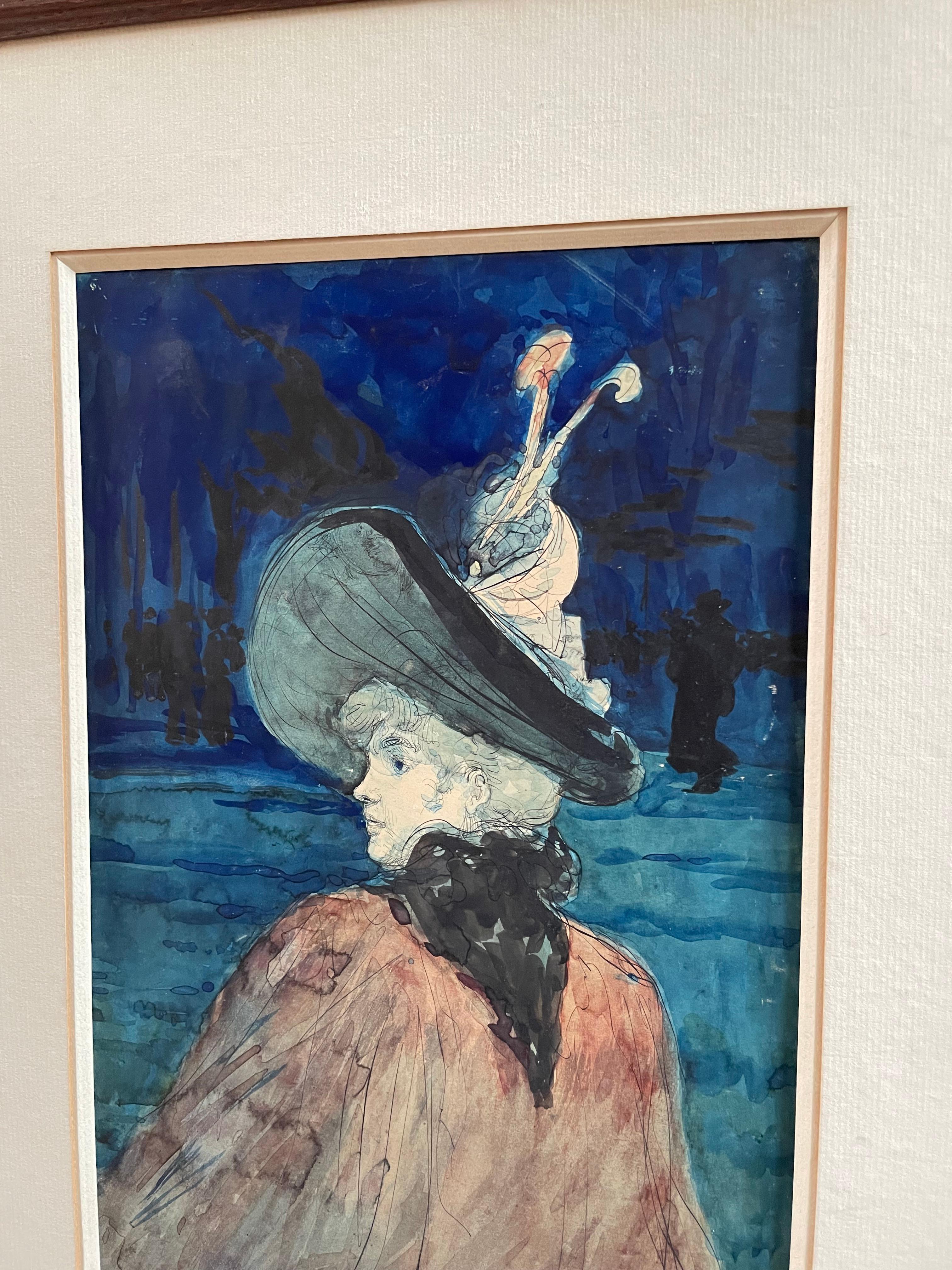 Elegante junge, elegante Dame mit Hut, Nocturne im Angebot 1