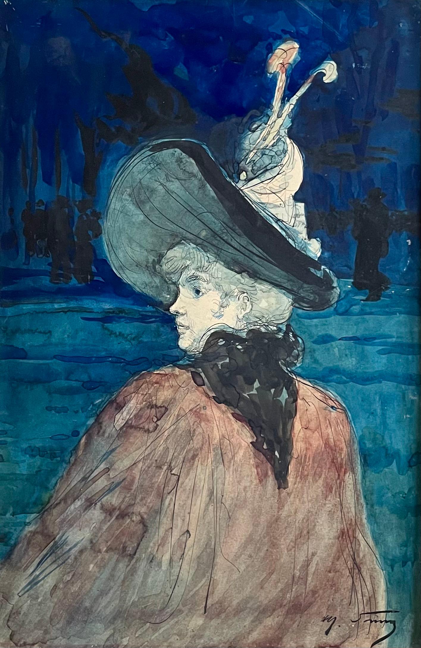 Elegante junge, elegante Dame mit Hut, Nocturne – Art von Henry Somm